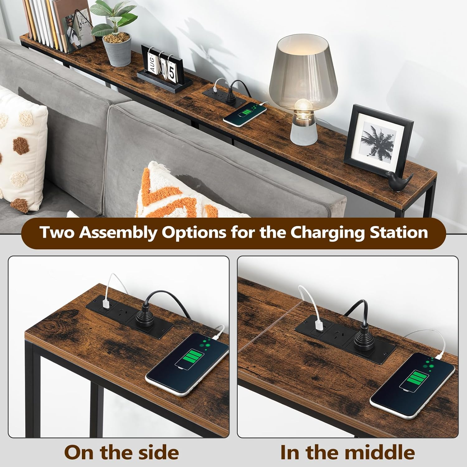 Narrow Console Table, 180 Cm Long Sofa Table, Industrial Entryway Table with USB Ports, behind Couch Table for Entryway, Hallway, Foyer, Living Room, Bedroom, Rustic Brown CTHR18AE01 image number 6