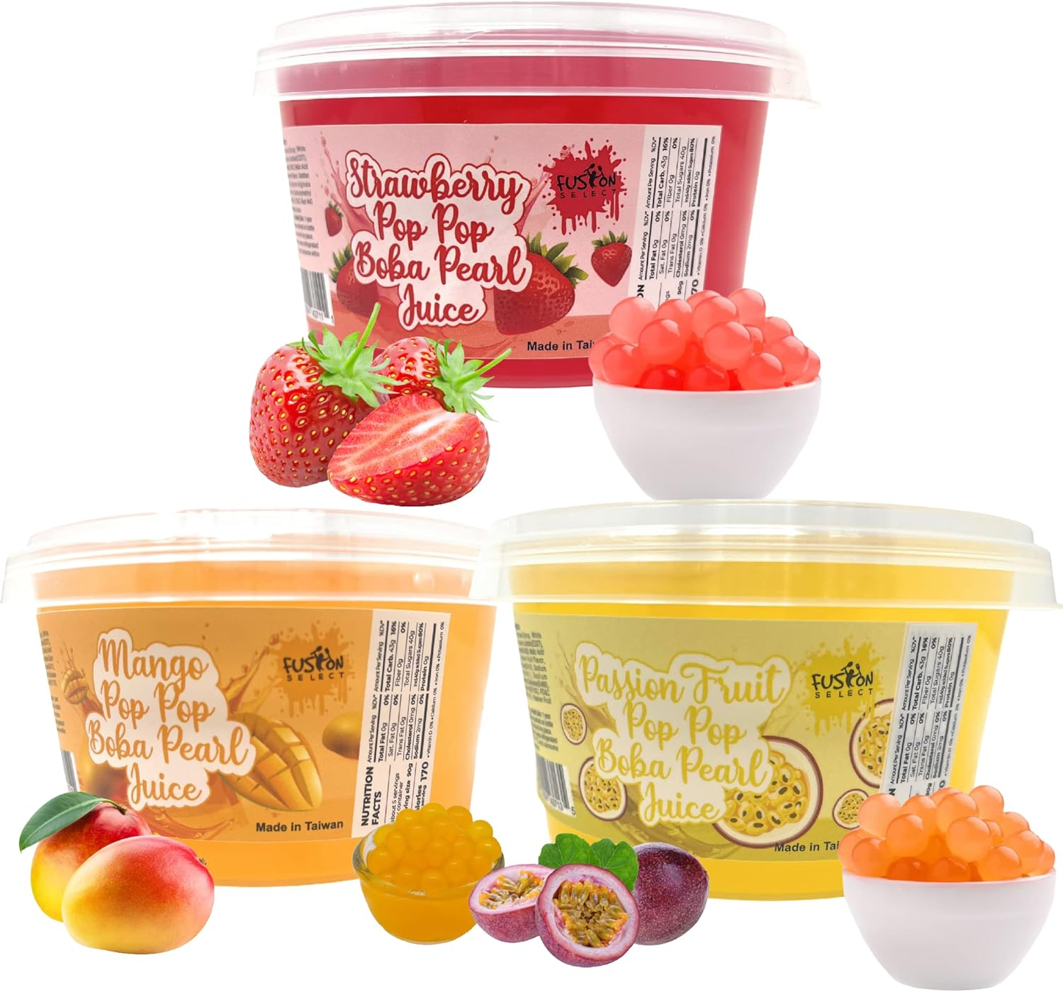 Fusion Select Strawberry, Mango, Passion Fruit Bursting Boba Popping Boba Pearls Fruit Tea Snack Toppings image number 1