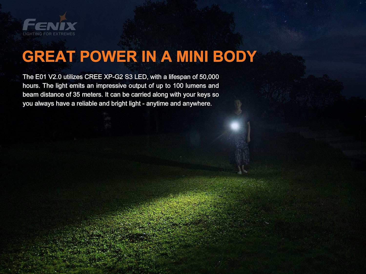 Fenix E01 V2.0 100 Lumen Mini Keychain EDC Torch with 35M Beam & up to 25Hr Runtime&ndash;Ip68 Waterproof LED Torch with 3 Brightness Modes for Camping or Reading Powered by a AAA Battery (Included) image number 5