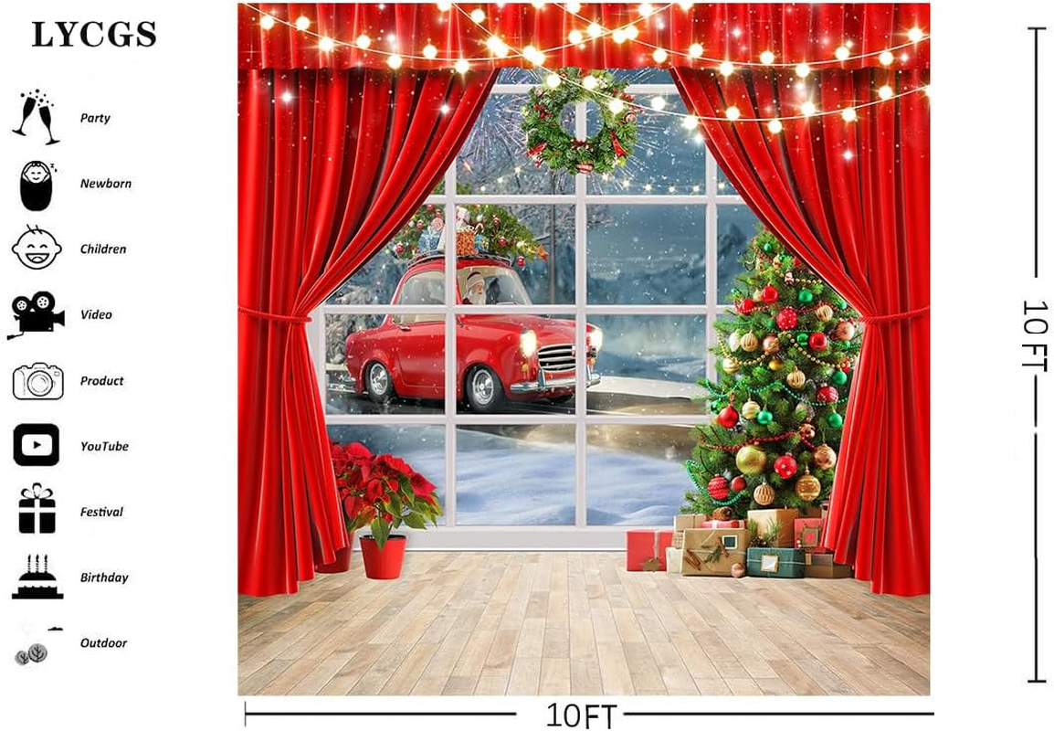 LYCGS 10X10Ft Christmas Backdrop Christmas Window Backdrop Christmas Tree Red Curtain Car Christmas Photo Background Christmas Backdrops for Photography X-168 image number 4