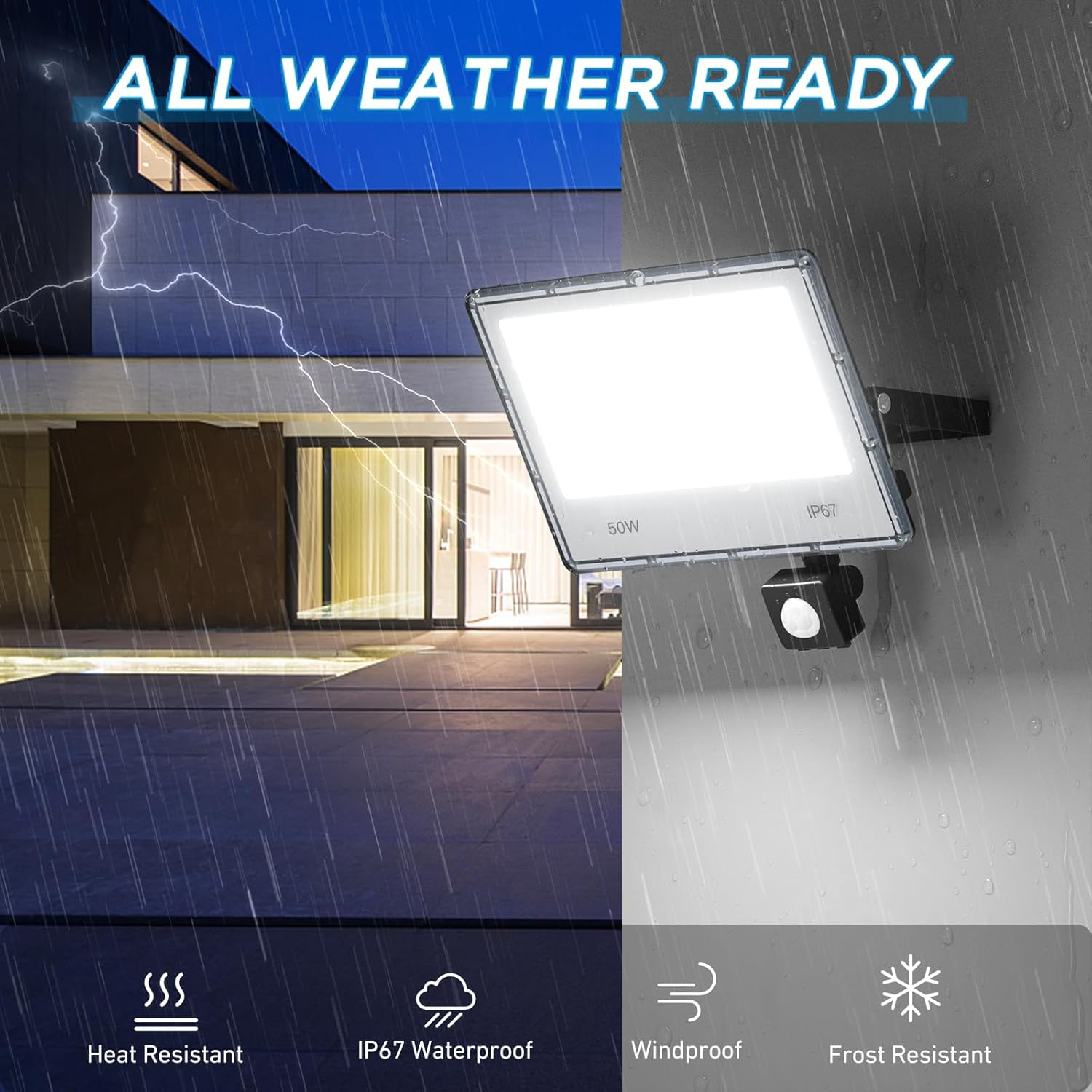 TASINUO Outdoor LED Floodlight with Detector 50 W, 5000 LM 6500 K Outdoor LED Spotlight Motion Detector, IP67 Waterproof 60 Leds with Detector for Garden, Patio, Garage image number 4