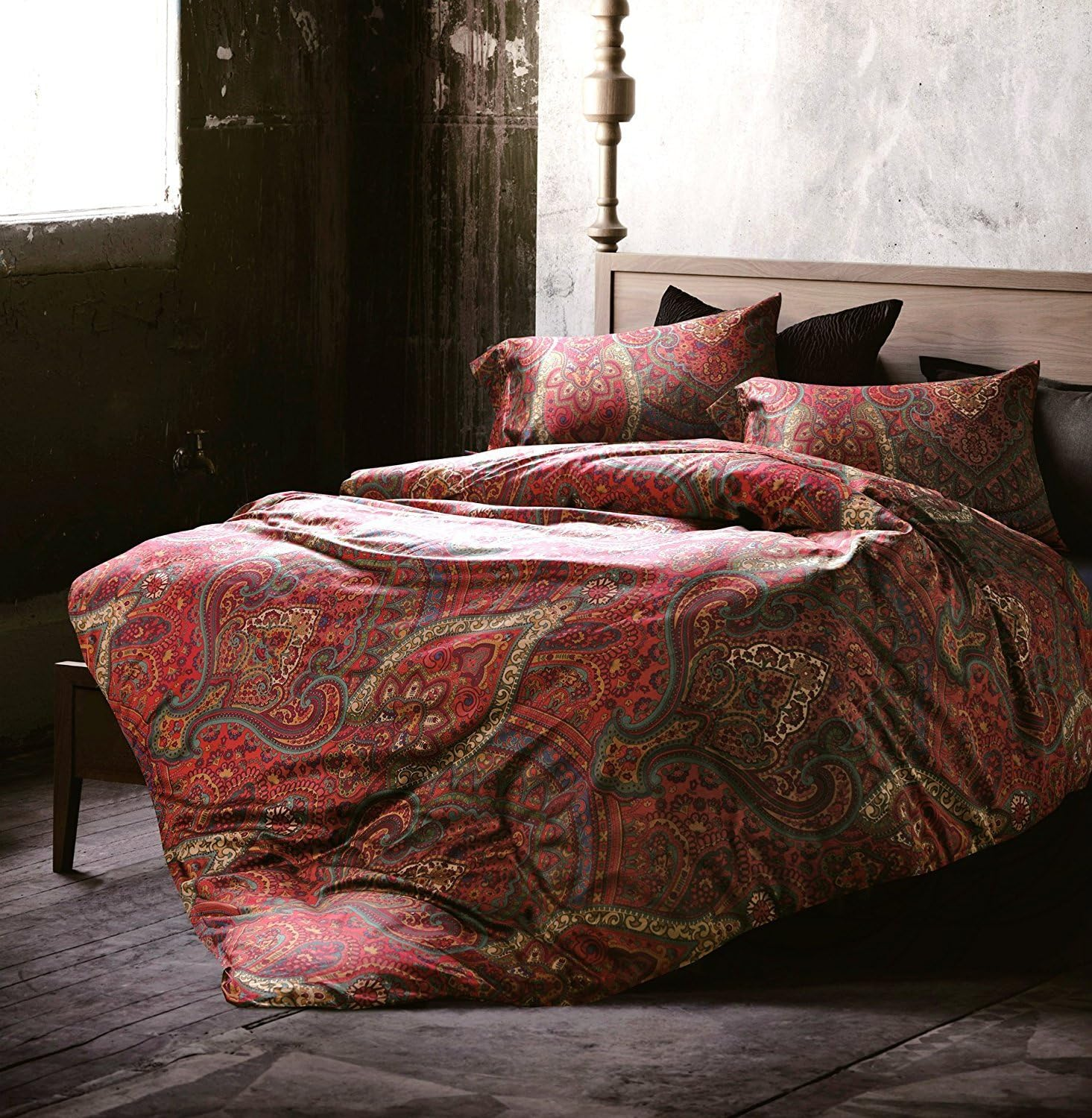 Eikei Boho Paisley Print Luxury Duvet Quilt Cover and Shams 3Pc Bedding Set Bohemian Damask Medallion 350TC Egyptian Cotton Sateen (Twin, Spanish Red) image number 2