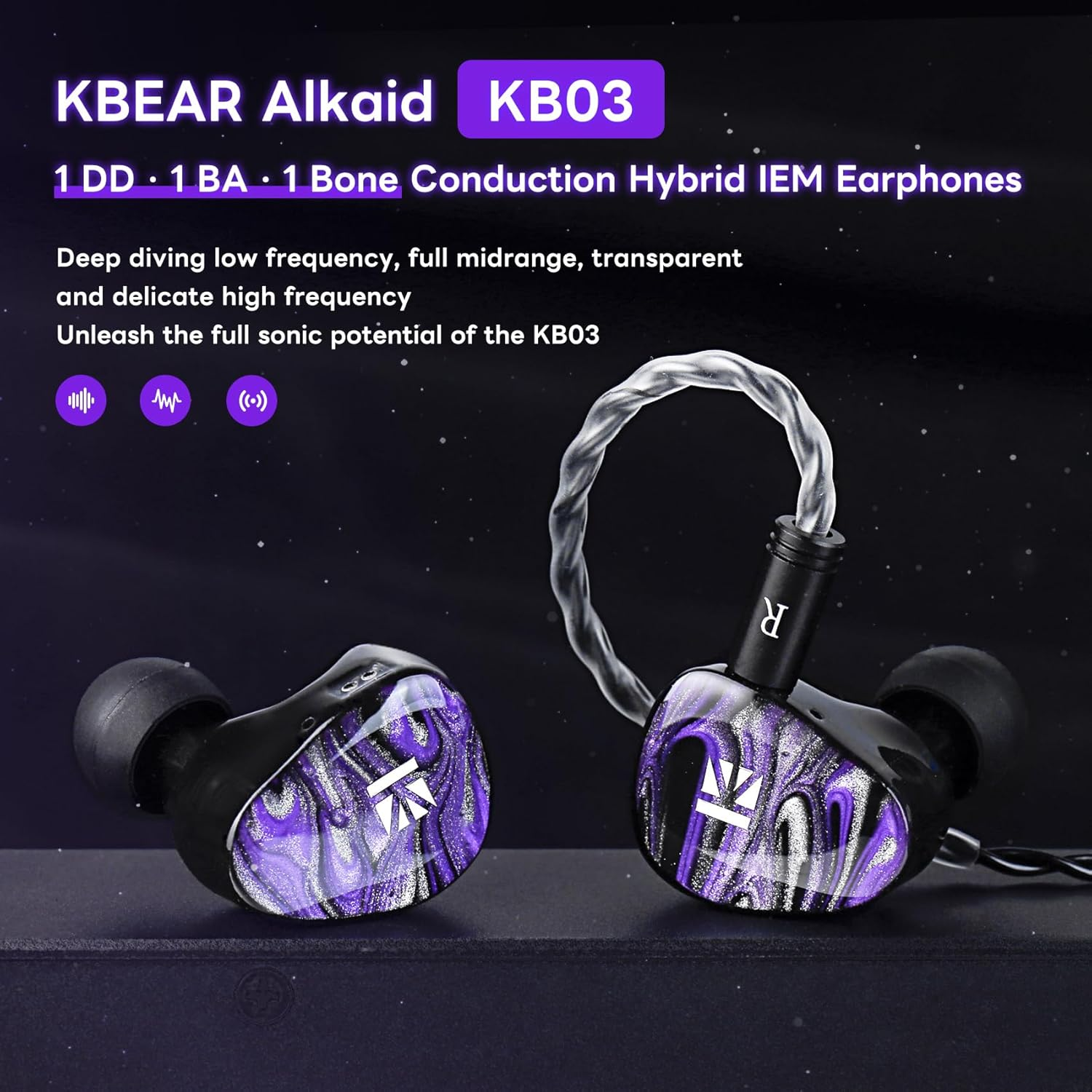 KBEAR Alkaid KB03 in Ear Monitor Headphones, Wired Gaming Earbuds 1DD 1BA 1Bone Conduction Hybrid IEM Earphones, Beryllium-Coated Dynamic, 3D Printed Resin Cavity in Ear Monitor for Musician, Green image number 1