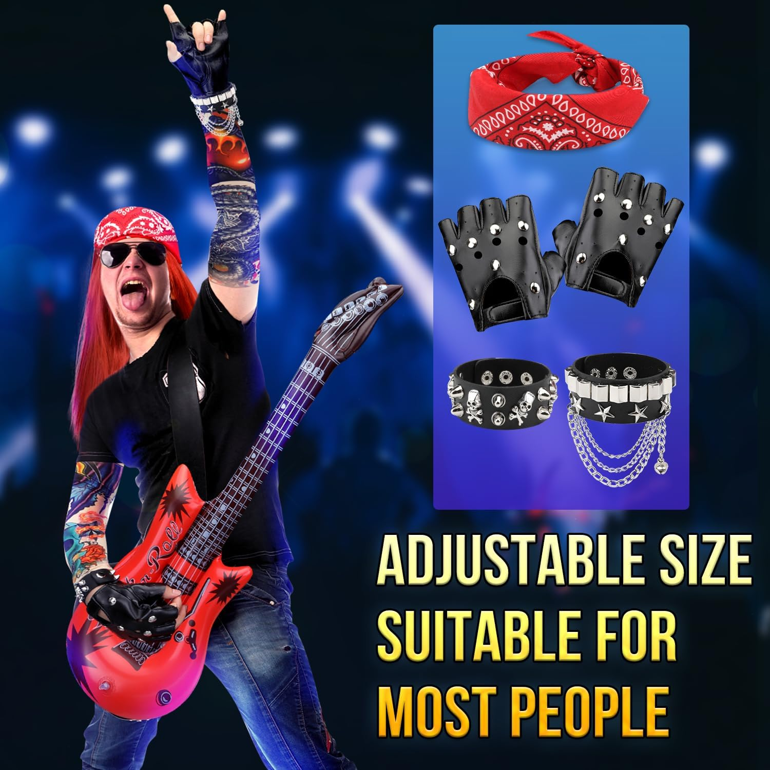 AUTOWT 1970S Rockstar Hippie Costume Accessories - 60S 70S 80S Metal Rock Band Punk Costume Set with Wig, Bandana, Sunglasses,Tattoo Sleeves, Gloves, Wrist Chains, Guitar, Men Women Woodstock Outfits image number 2