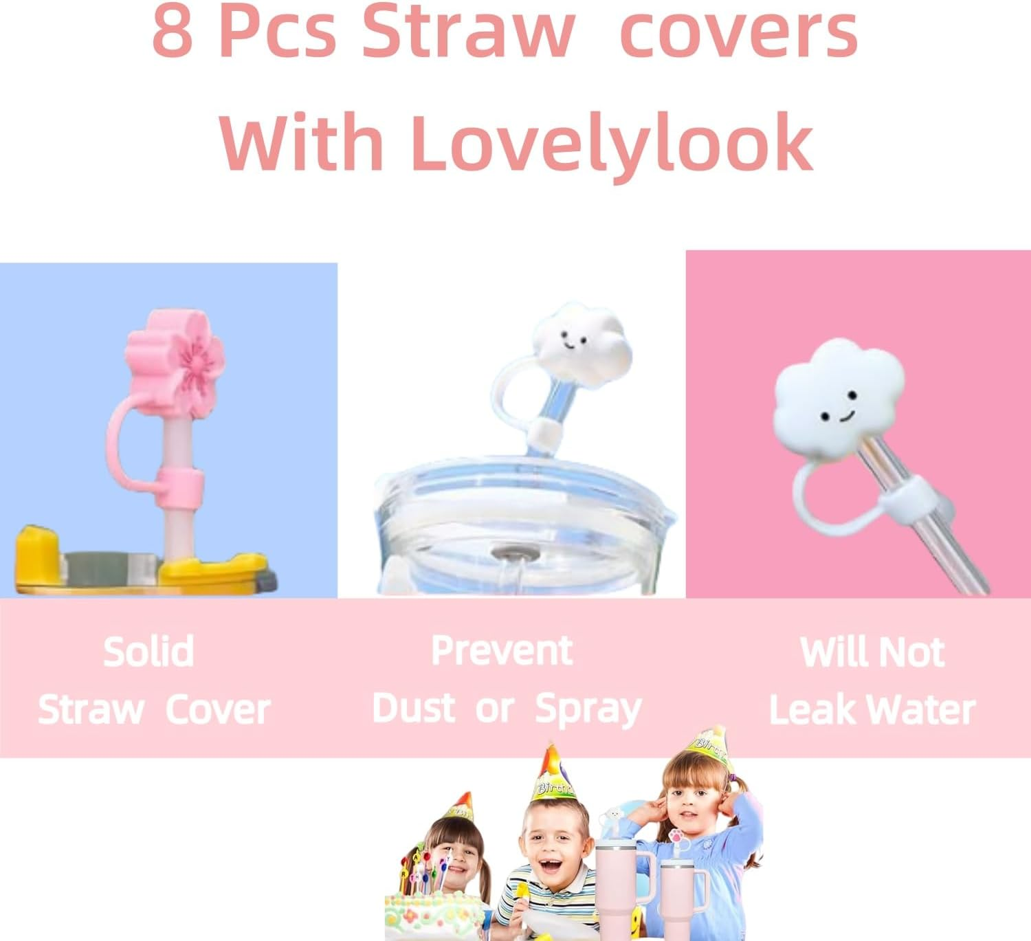 8 Piece Silicone Straw Cap, 10Mm Thick, Suitable for 30/40-Ounce Stanley Cups, Reusable Straws Cover Cap - 8-Piece Set Of Star Rainbow Cloud image number 7