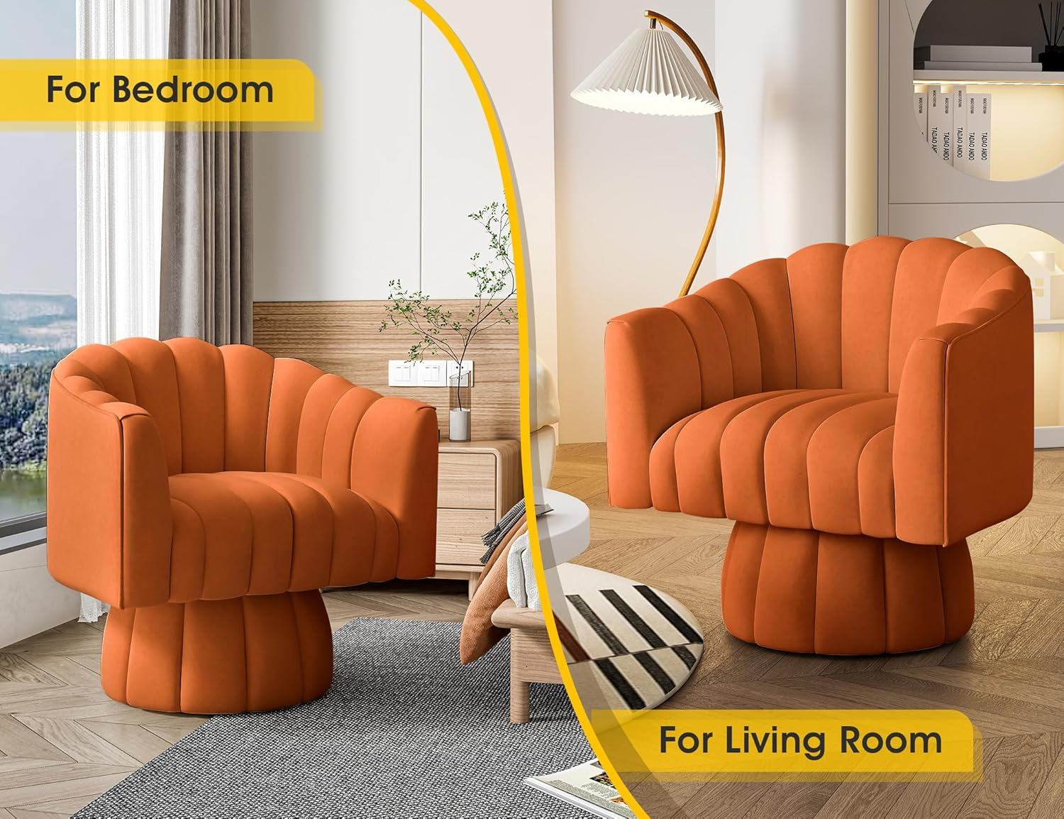 SEYNAR Mid Century 360 Degree Swivel Cuddle Barrel Accent Sofa Chairs, round Armchairs with Wide Upholstered, Fluffy Velvet Fabric Chair for Living Room, Bedroom, Office, Waiting Rooms, (Orange) image number 4