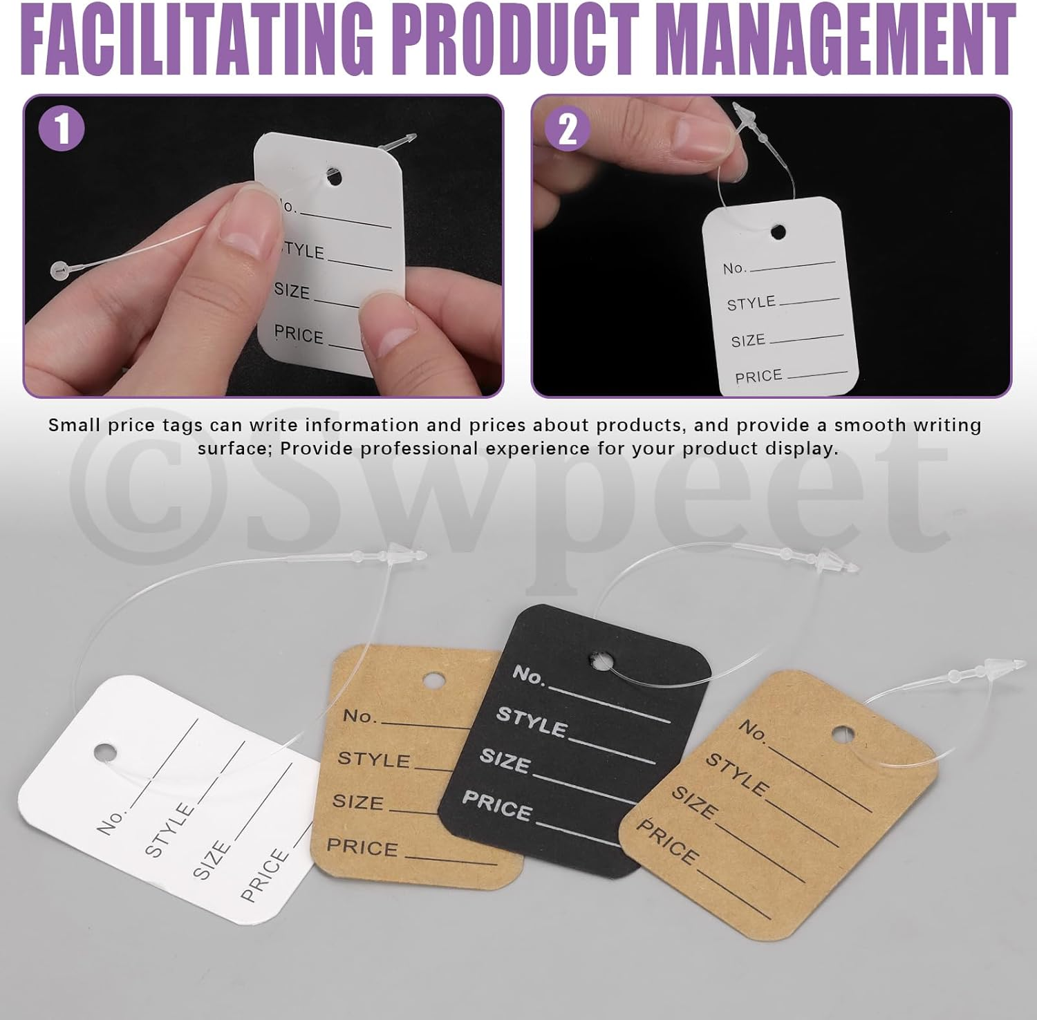 Swpeet 2100Pcs 3" 5" 7" Clear Plastic Fastener Hang Tag Snap Lock and 1.4" &times;2" Printable Clothing Price Tags Card Kit, Pin Security Loop Price Tag Pins Price Tag Accessory for Retail Store Clothing