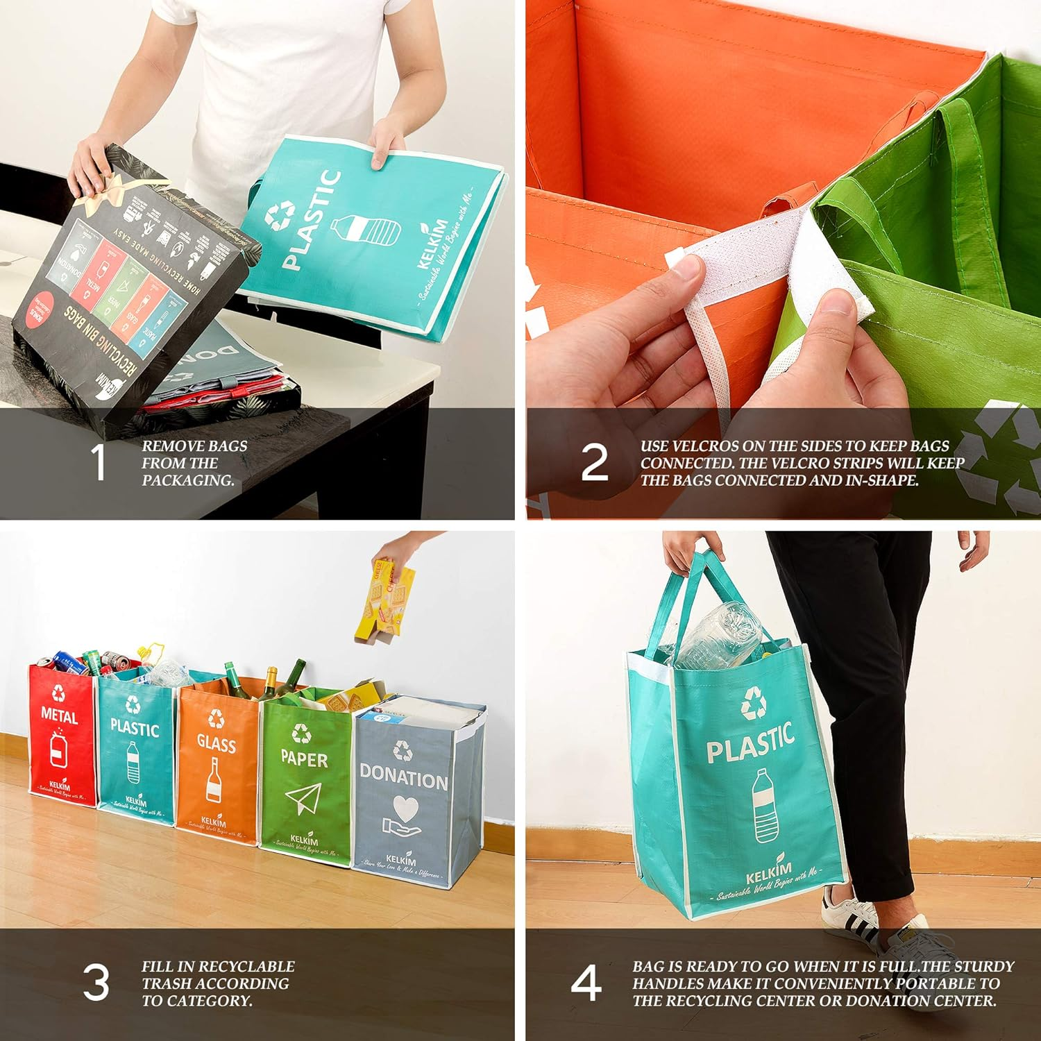 KELKIM Recycling Bin Bags & Donation Bag for Home Kitchen Office/Portable Indoor Recycle Waste Organizer/Waterproof Garbage Containers/Separate Recyclable Trash Sorting Bin/Big Size 5 Bags Set image number 4