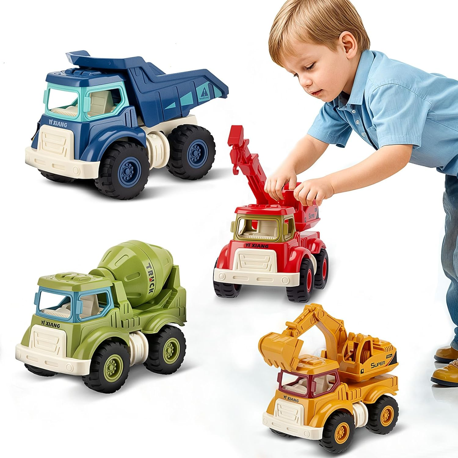 CYZAM Construction Toys for 3 Years Old Boys Girls, 4 PCS Push & Go Construction Truck Toy Vehicle Sandbox Excavator, Dump, Crane, Cement Mixer Truck, Gift Toy for Toddlers Kids 3 4 5 6 7 8 Years Old