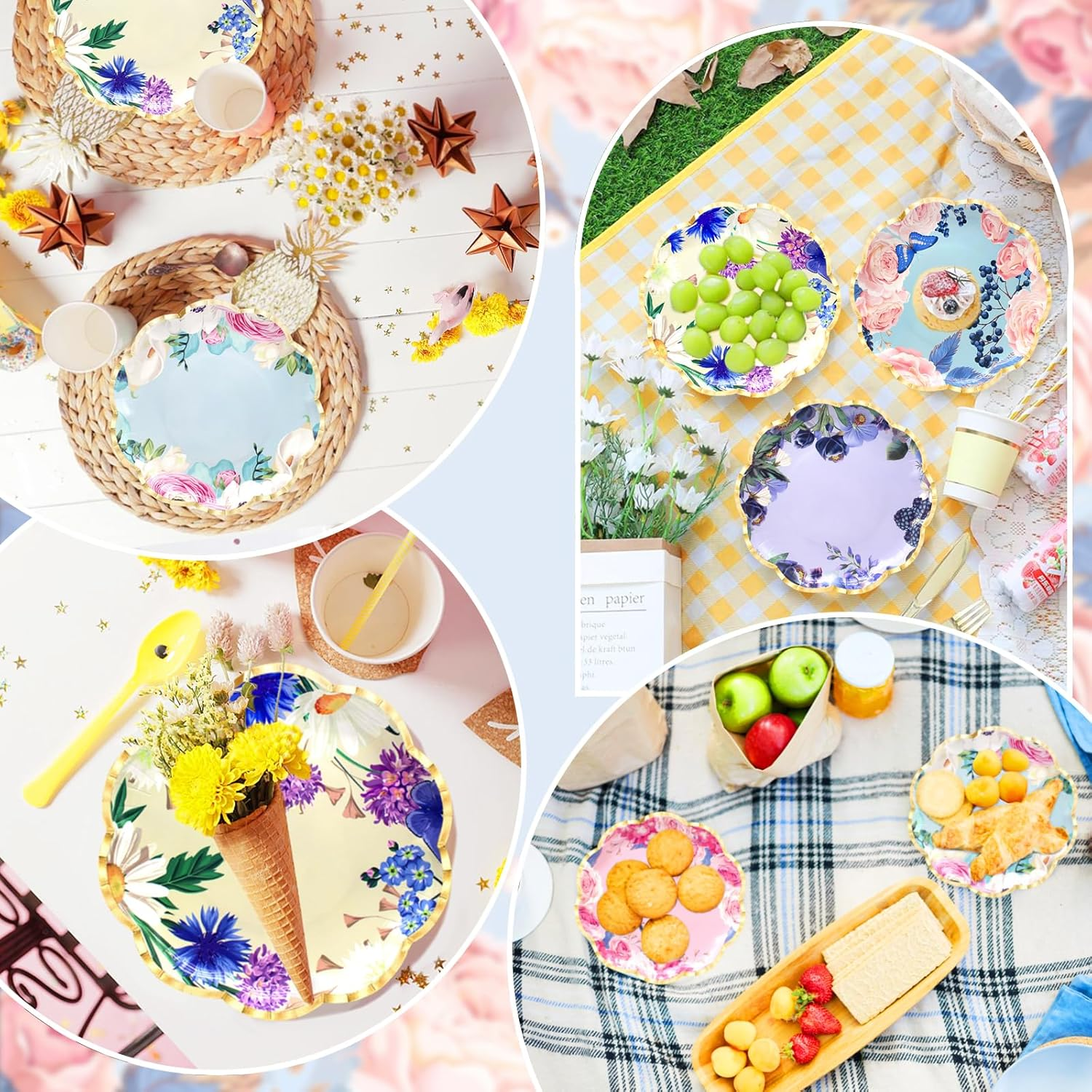 Benvo 60 Pack Floral Paper Plates 9 Inch Flower Dessert Plates Sparkle Disposable Plates for Tea Party Garden Party Baby Shower Bridal Shower Birthday Wedding Decorations(6 Assorted Styles) image number 6