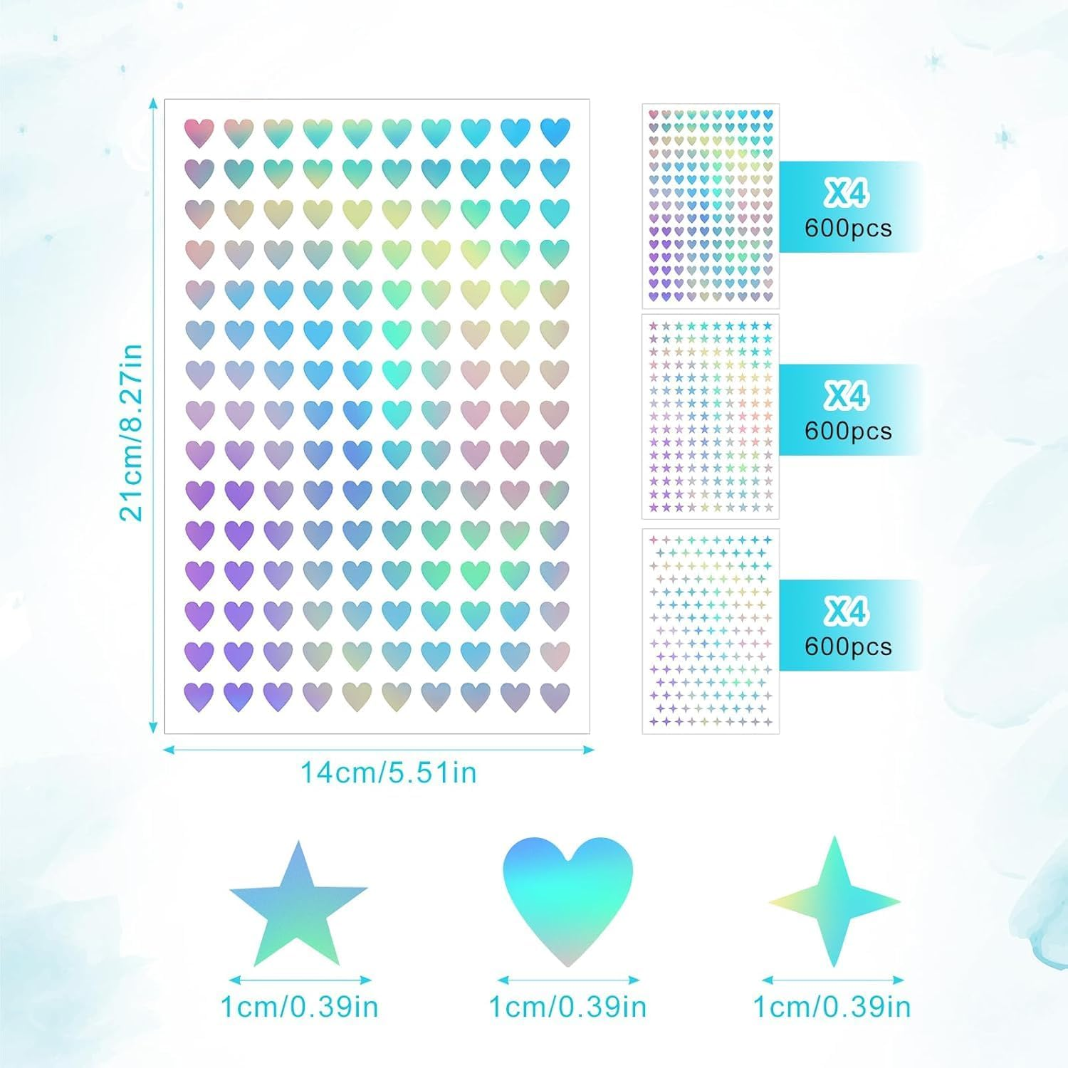 Mini Star Heart Cross Holographic Sticker, 1800Pcs Mini Star Heart Holographic Stickers,Small Stars Stickers Cute Stickers Mini Watercolor Stickers,Self-Adhesive Mini Holographic Sticker for Reward
