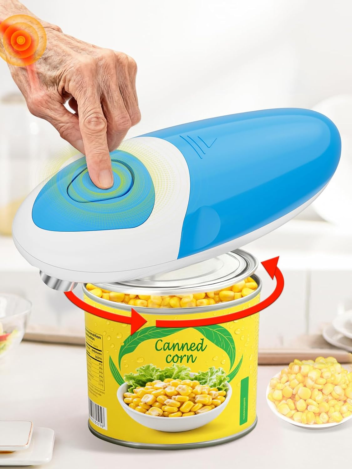 Electric Can Opener for Seniors One Touch - Easy Use, Smooth Edge Side Cut Auto Can Opener with Power Motor Fits All Can Sizes - Battery Operated, Hand Free for Kitchen by Befumly (Red)