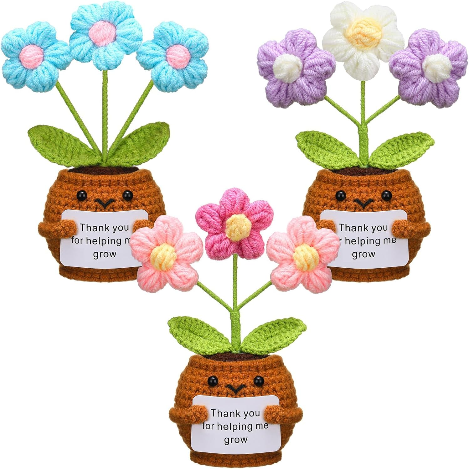 3 Pcs Emotional Support Plush Flowers Positive Crochet Potted with Card Thank You for Helping Me Grow Teacher Thank You Gifts for Birthday Home Office Decor(Puff Flower) image number 6