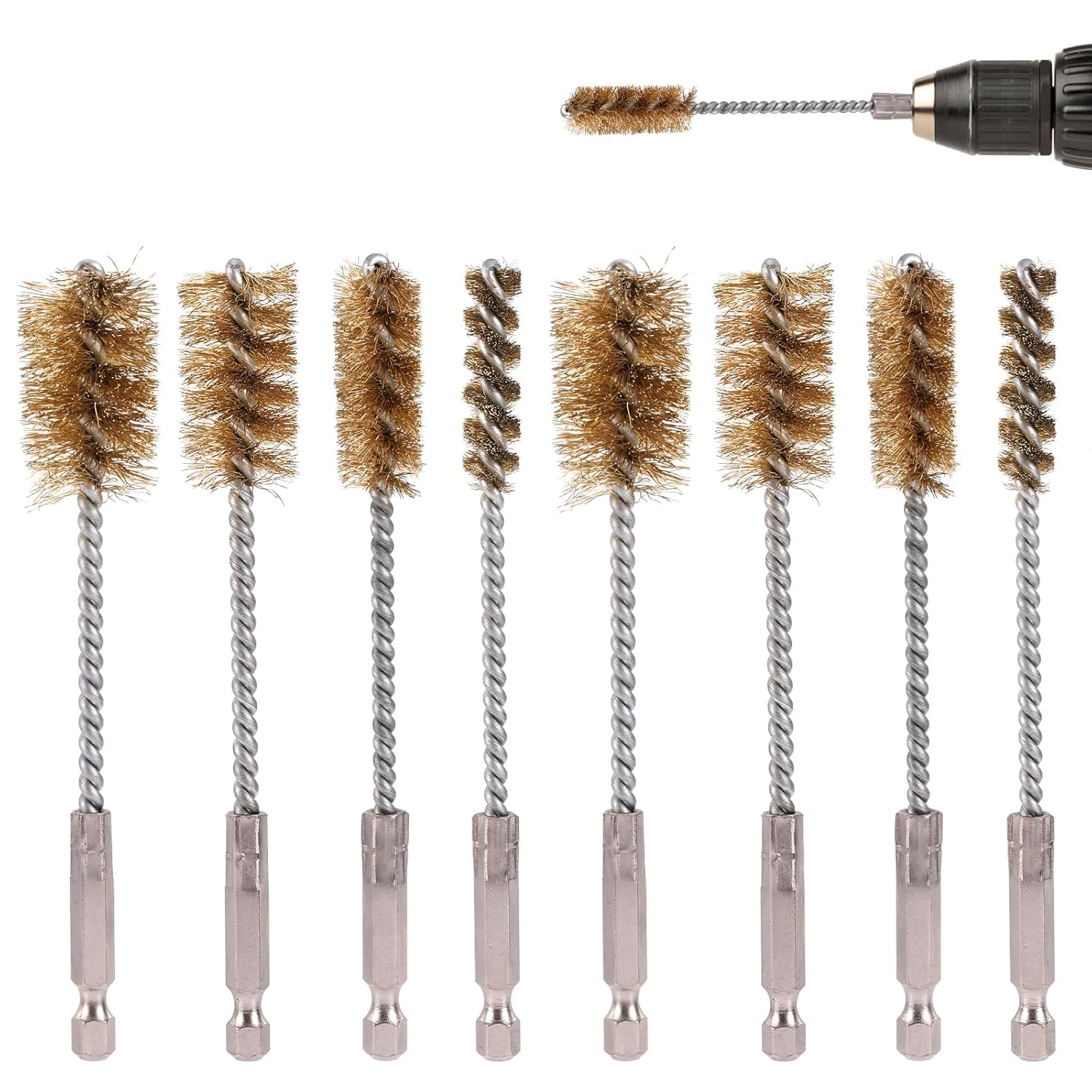 8Pcs Bore Brush for Drill, Brass & Stainless Steel Wire Brushes with 1/4" Hex Shank Twisted Wire Cleaning Tools for Power Drill Impact Driver & Tube Cleaning, 3/8'' 1/2'' 3/4'' 7/8'' Diameter image number 5