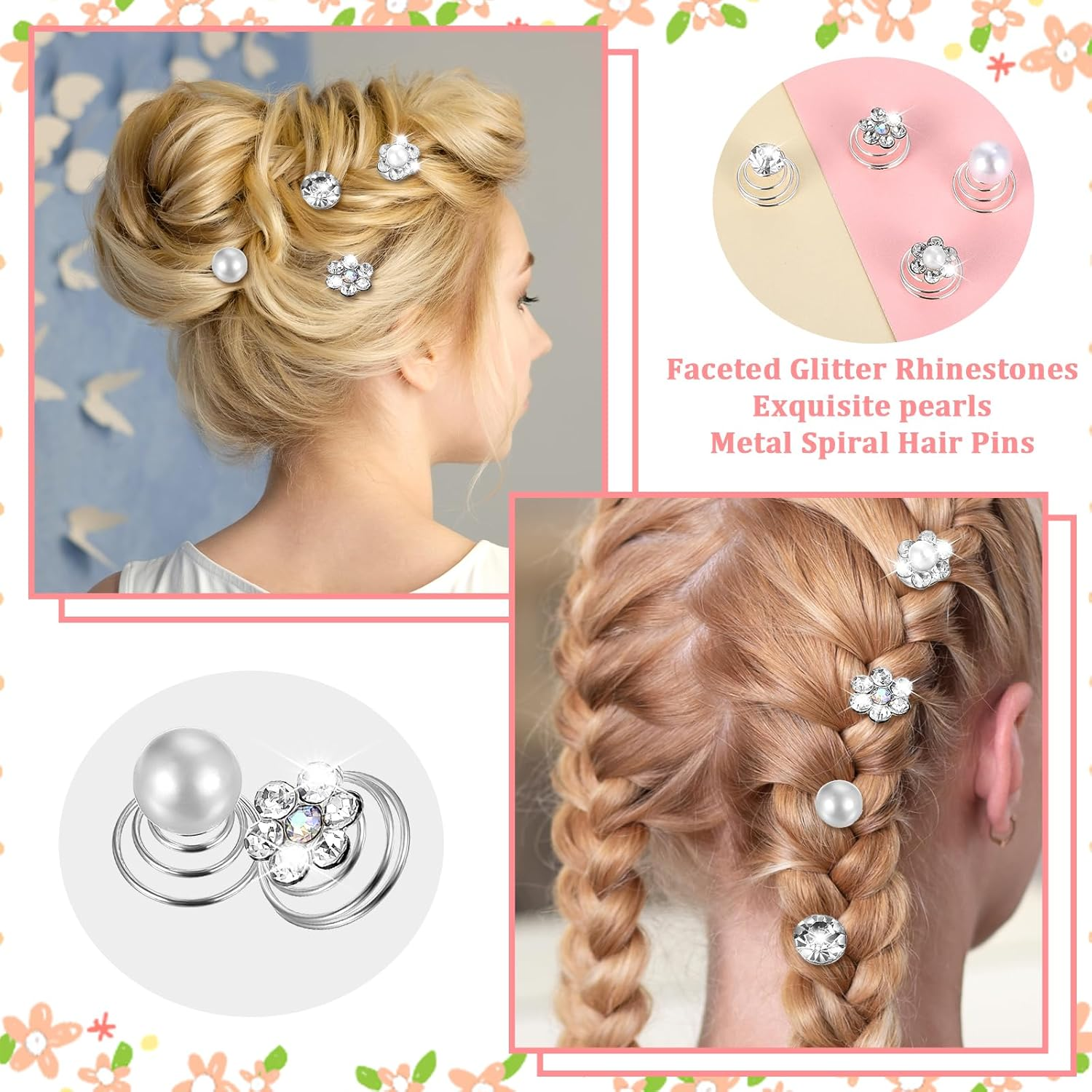 48Pcs, 4 Styles Rhinestone Crystal Pearl Twisters Spiral Set, Flower Jewels Hair Pins Silver Coil Accessories for Women, Bride, Bridesmaids, Wedding, Prom, Party and Special Occasion image number 2