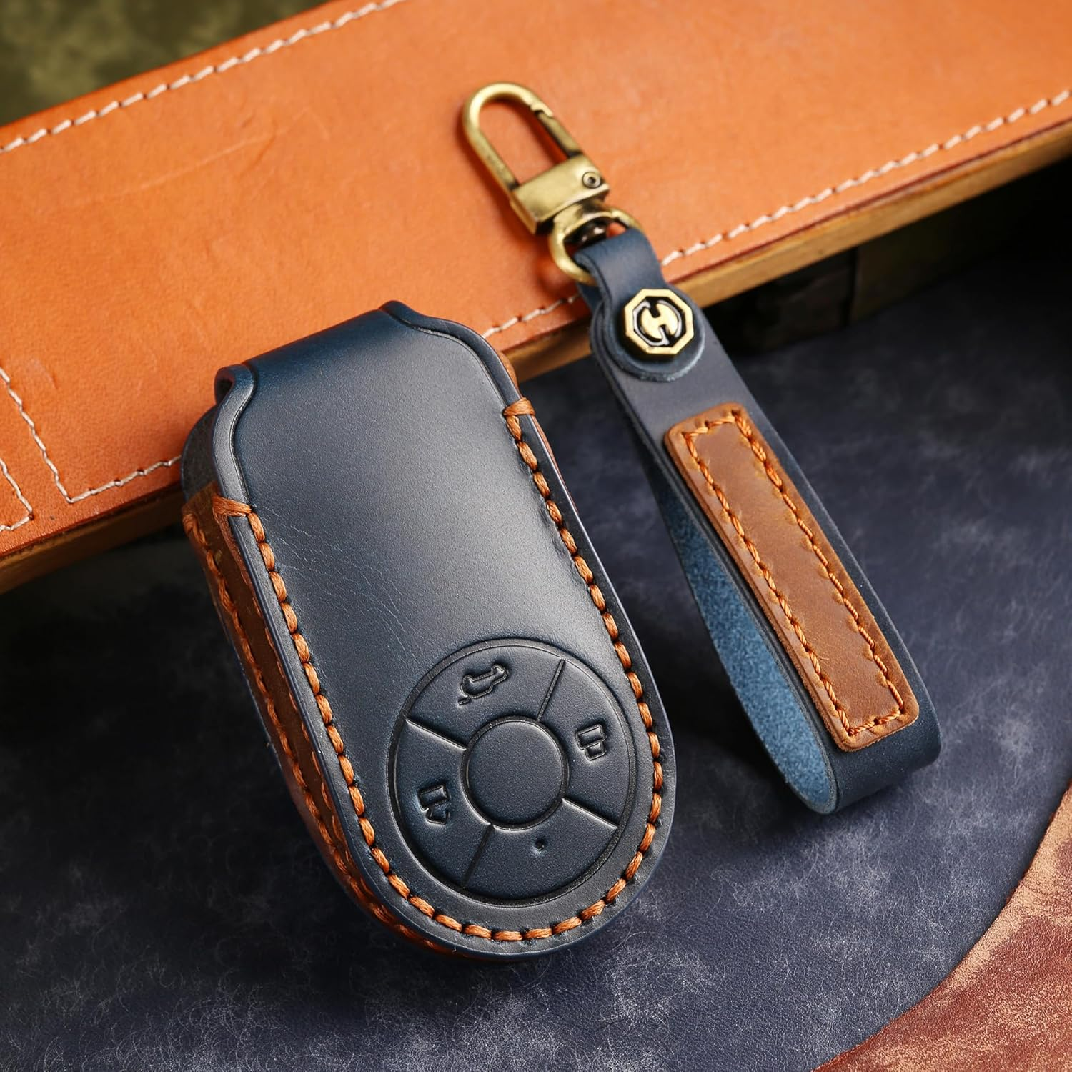Ontto Car Key Cover Fit for GWM HAVAL H6 M6 ORA Good Cat White Cat IQ Car-Styling Handmade Leather Key Case Holder Keyring Key Chain Smart Key Shell Bag Accessories - Blue image number 6