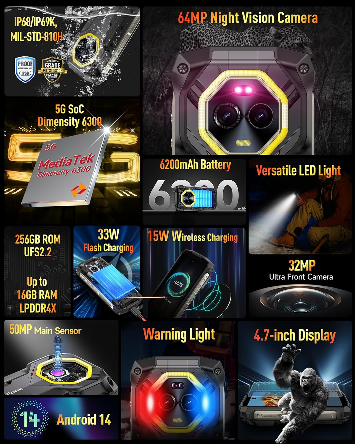 Ulefone Armor Mini 20 Pro 5G Rugged Smartphone 4.7 Inch Small Screen, 256GB+2TB Expand, Android 14, 33W 6200Mah Wireless Charging, 64MP Night Vision, Flashlight Warning Light IP68 Waterproof UK Phone image number 6