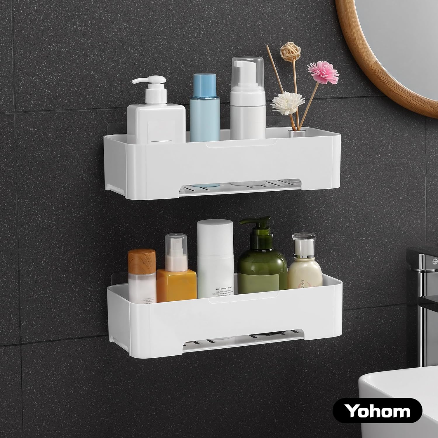 YOHOM Bathroom Shelf Adhesive Shower Caddy for Tile Wall Stick on Shower Shelf No Drilling White Shampoo Holder Organizer Plastic image number 2