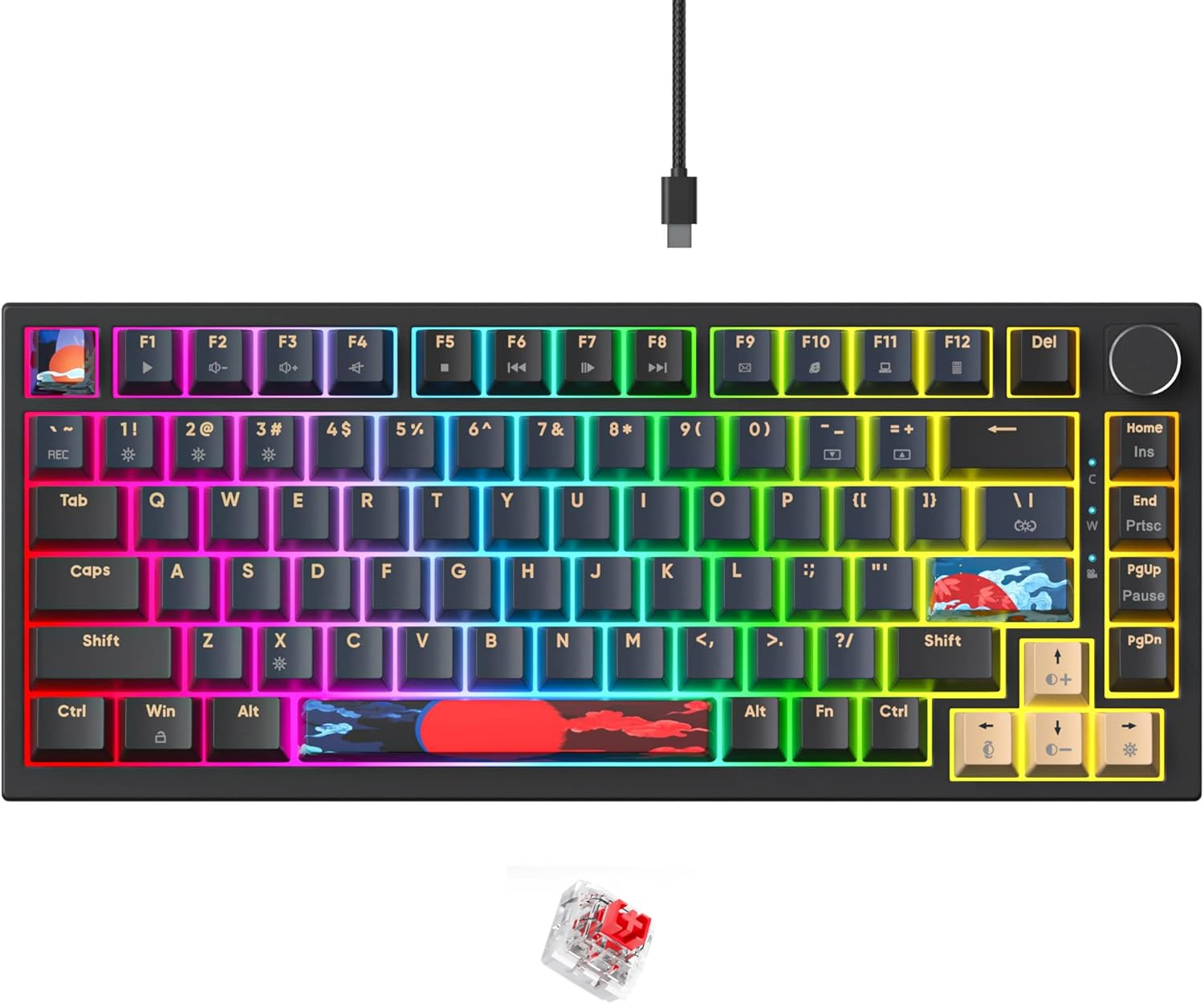 Fogruaden Wired 75% Percent Mechanical Keyboard Hot Swappable, Red Switch, RGB Backlit, 82 Keys TKL Mechanical Keyboard, NKRO Compact Gaming Keyboard, Volume Control Knob (Soundwave)
