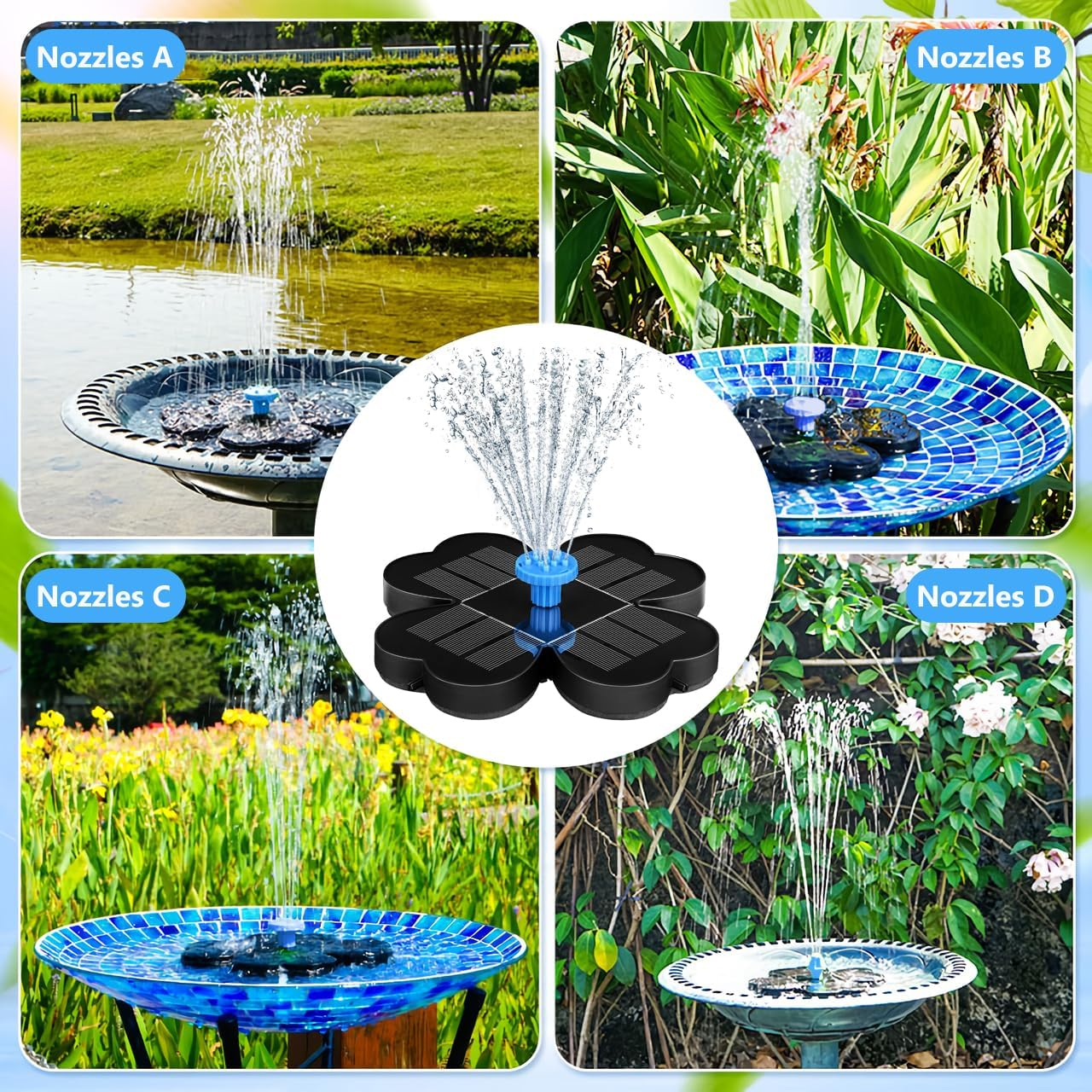 Reelau 3.5W Solar Fountain for Bird Bath, Clover Floating Solar Bird Bath Fountain with 7 Nozzles, 18CM Dia Bird Bath Solar Fountain Water Feature Floating Fountain for Garden, Patio, Pond image number 1