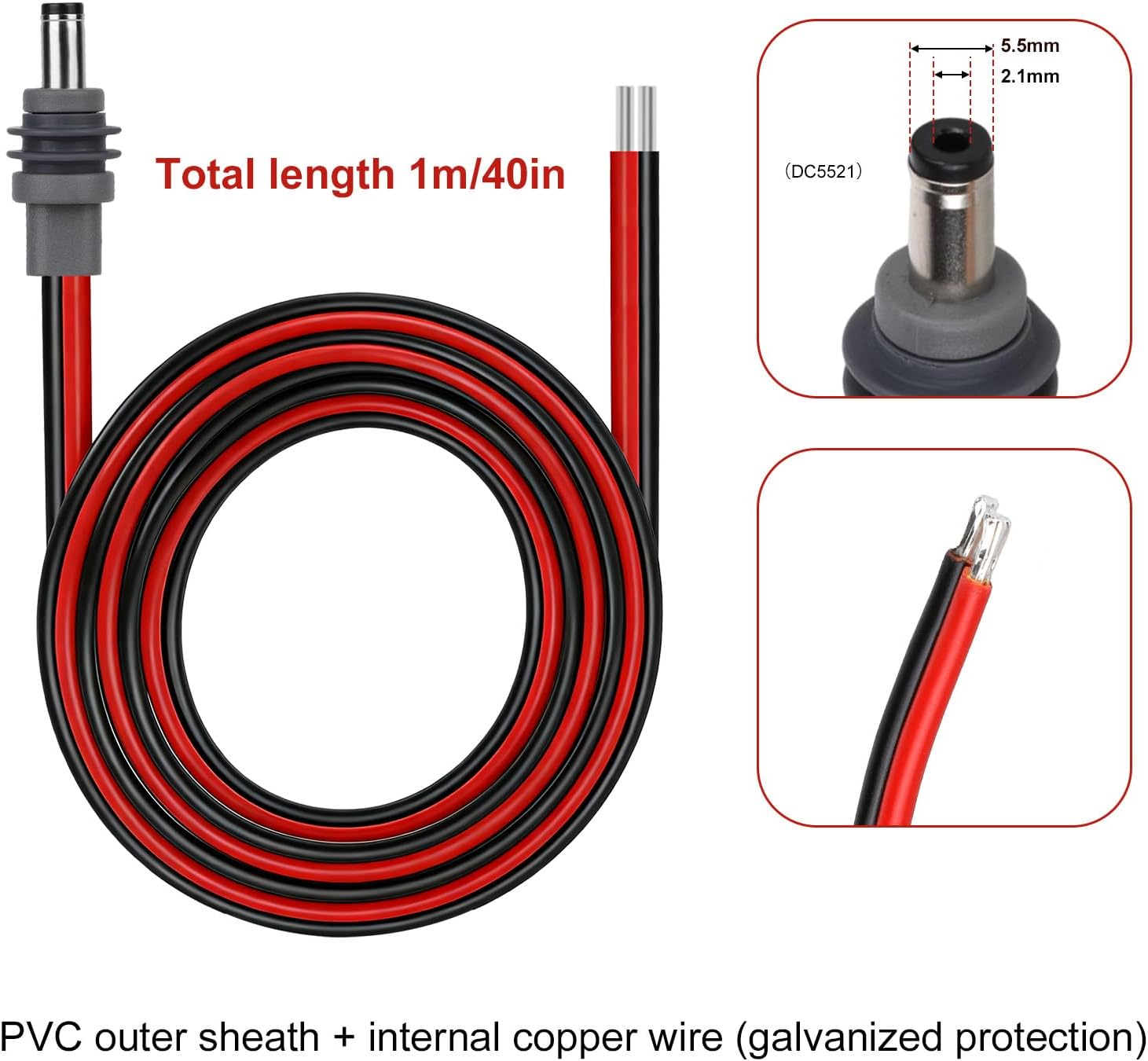 DC5521 DC Power Cable for Starlink Mini, 14AWG 5.5X2.1Mm Male Plug to Bare Wire Pigtails 3.28Ft Extension Cord for Starlink Mini Accessories DIY Replacement image number 1