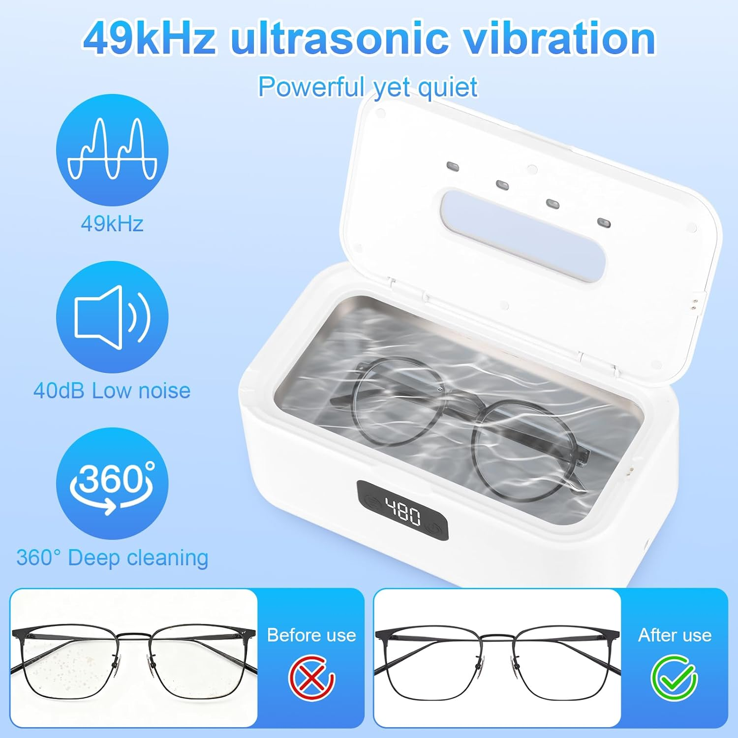 800 Ml Ultrasonic Cleaning Device, 49000Hz U-V Ultrasonic Cleaner with 5 Timer Modes - Glasses Cleaning Device for Deep Cleaning of Jewellery, Glasses, Braces, Prostheses, Coins and Razor Heads-1 image number 6