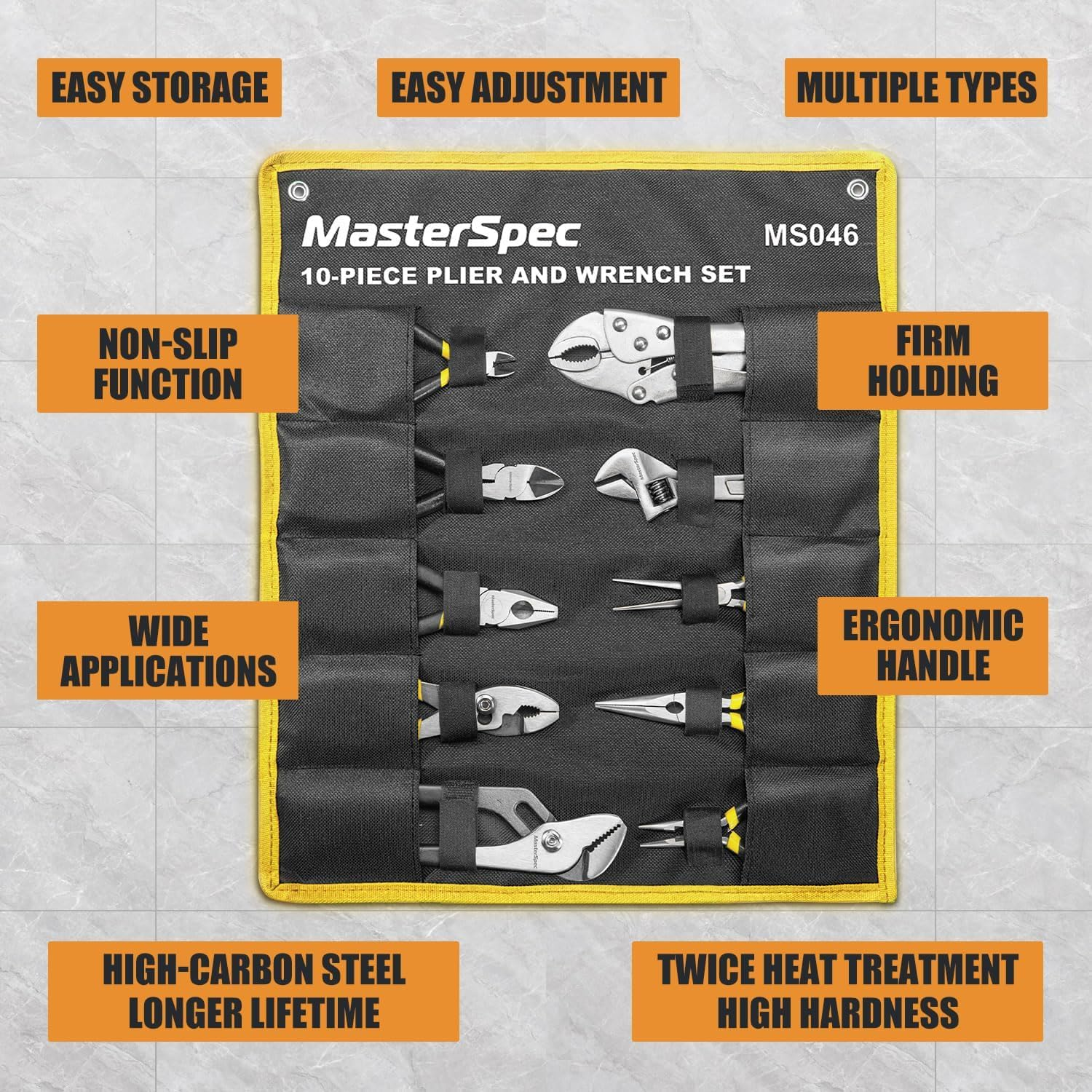 Masterspec 10Pcs Hand Tool Set Pliers Set Multi-Grip Pliers Long Nose/Slip Joint/Diagonal/Combination/Jaw Locking/Water Pump Pliers/Adjustable Spanner for Home Industry image number 3