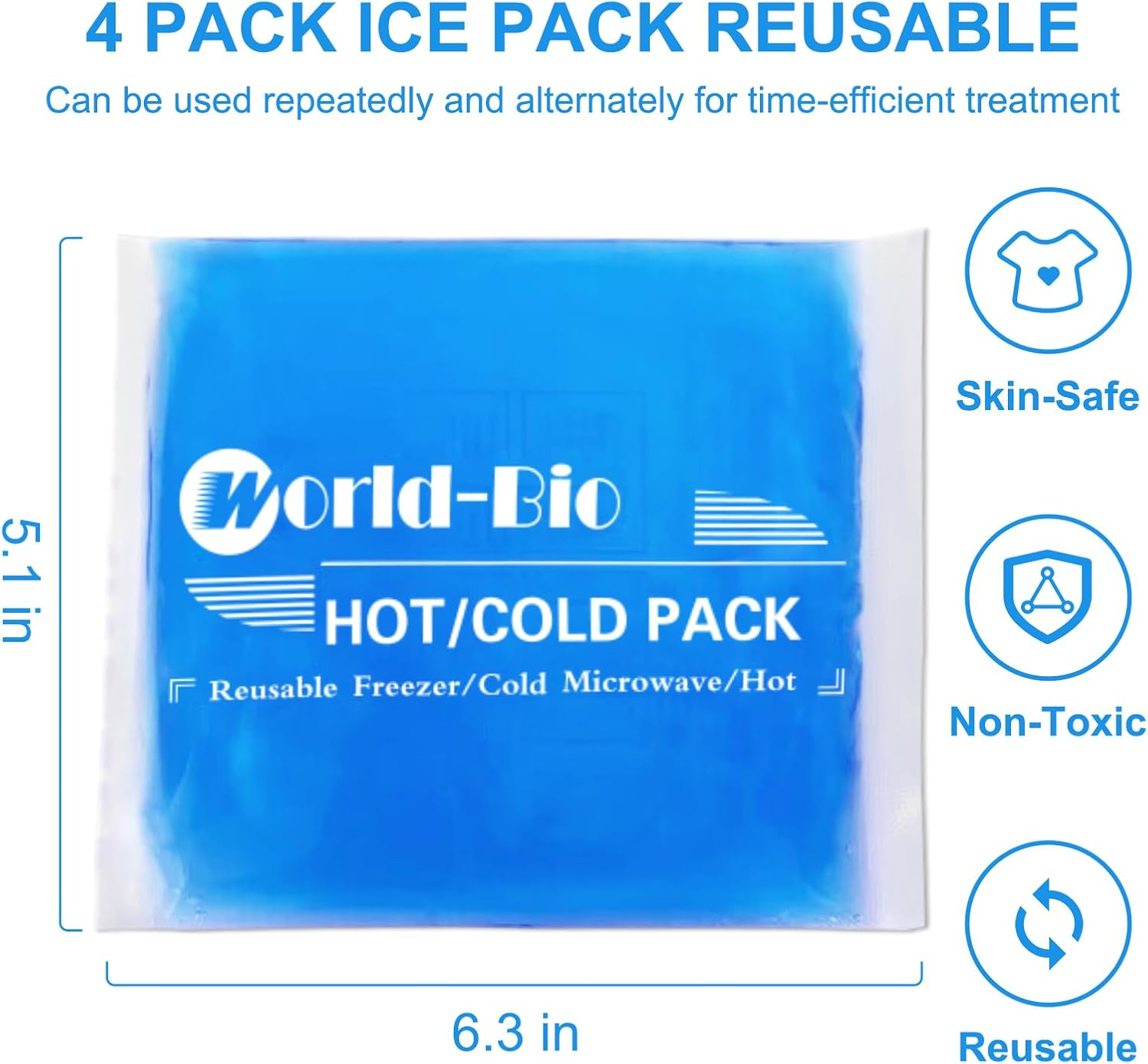 WORLD-BIO Reusable Gel Ice Packs (4 Pack) - Hot Cold Pack for Injuries, Pain Relief, Migraines - Gel Ice Pack Cold Compress for Neck, Foot and Wrist - Flexible Cold Packs for Injuries - 5.1" X 6.5" image number 2