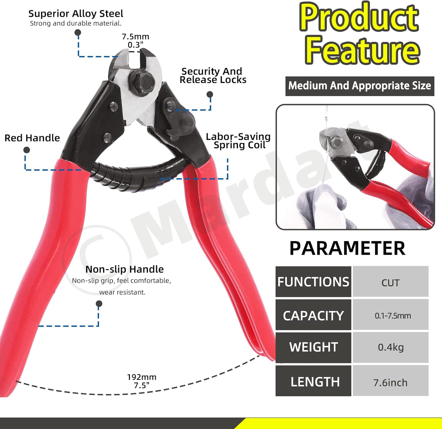 Mardatt 117Pcs Cable Wire Cutter Set Includes 8" Cable Cutter, 5 Sizes Aluminum Crimping Loop Sleeve & Wire Cable Thimbles and Anti-Cutting Gloves image number 6
