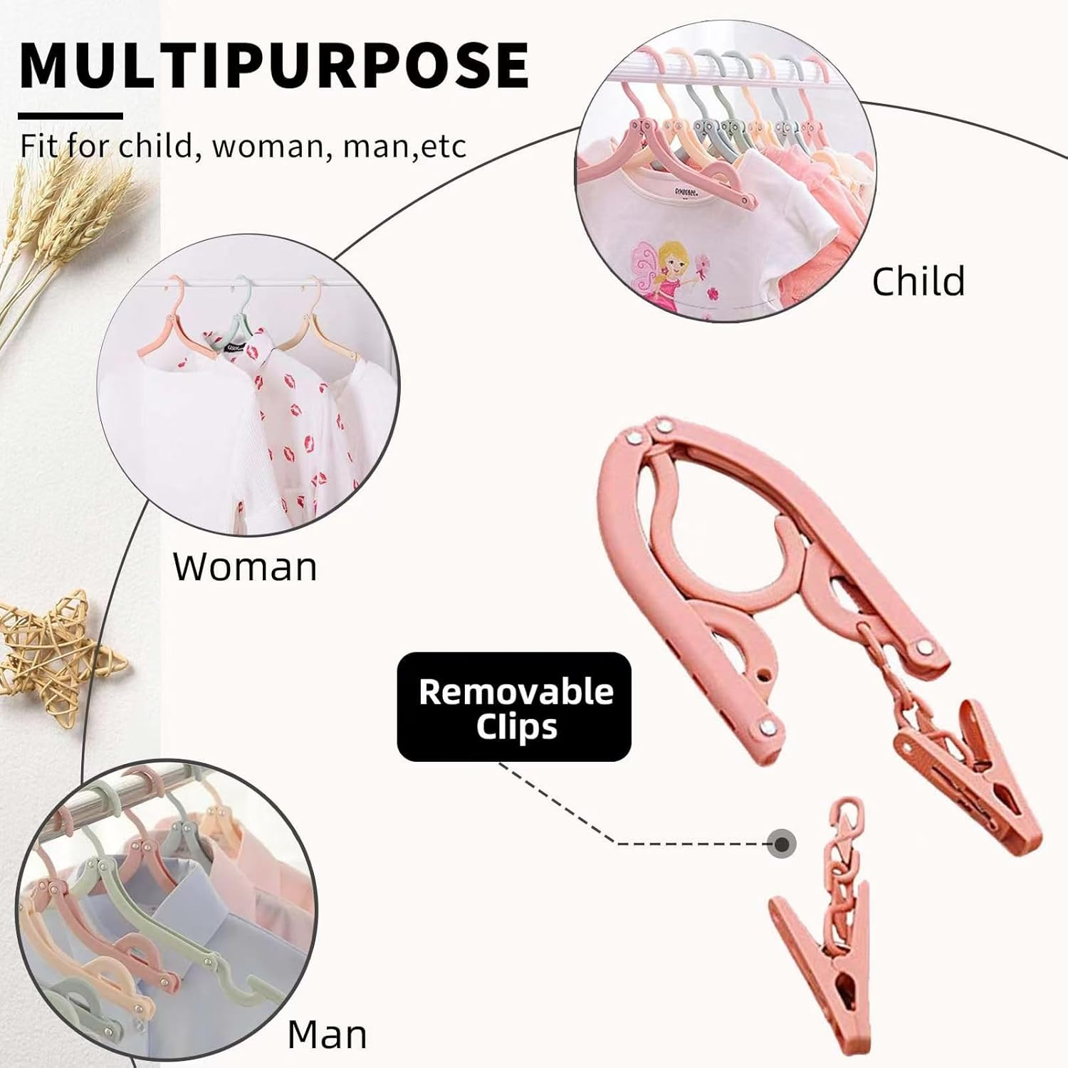 12PCS Foldable Travel Hangers with 24Pcs Clips Portable Folding Clothes Hangers Travel Accessories Foldable Clothes Drying Rack Dorm Hangers Space-Saving Collapsible Plastic Clothes Hangers