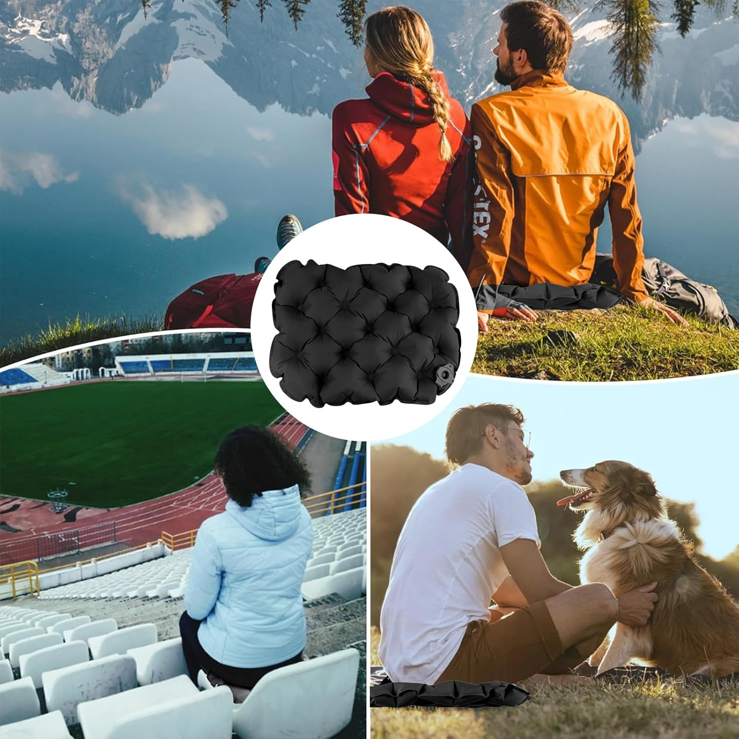 UOEPOWA Inflatable Seat Cushion with Carry Bag, Foldable Travel Cushion for Outdoor, Portable Lightweight Air Sitting Pad for Camping/Office/Wheelchair, Waterproof Stadium Bleacher Mat (Black) - Green image number 4
