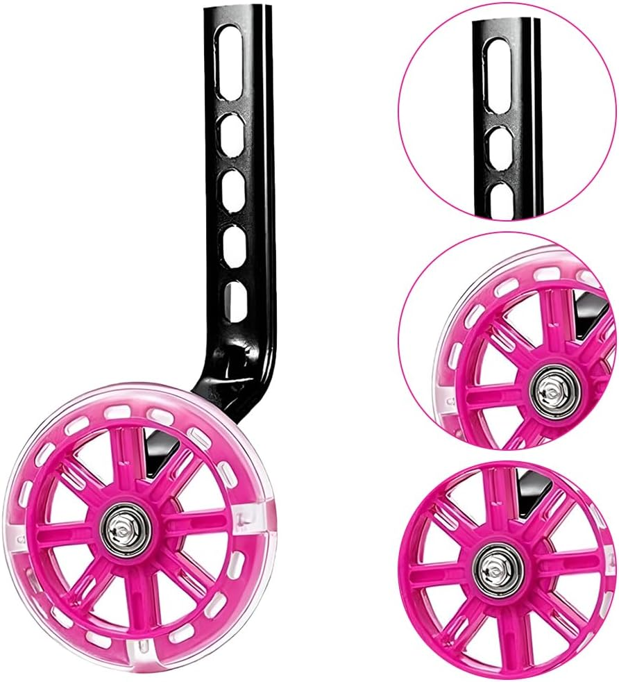 1 Pair Bike Training Wheels with Durable Material, Portable Kids Bike Stabilisers, Mute Flash Bicycle Wheels, Adjustable Training Wheels, Suitable for Kids Bike Beginners（Pink) (PINK)