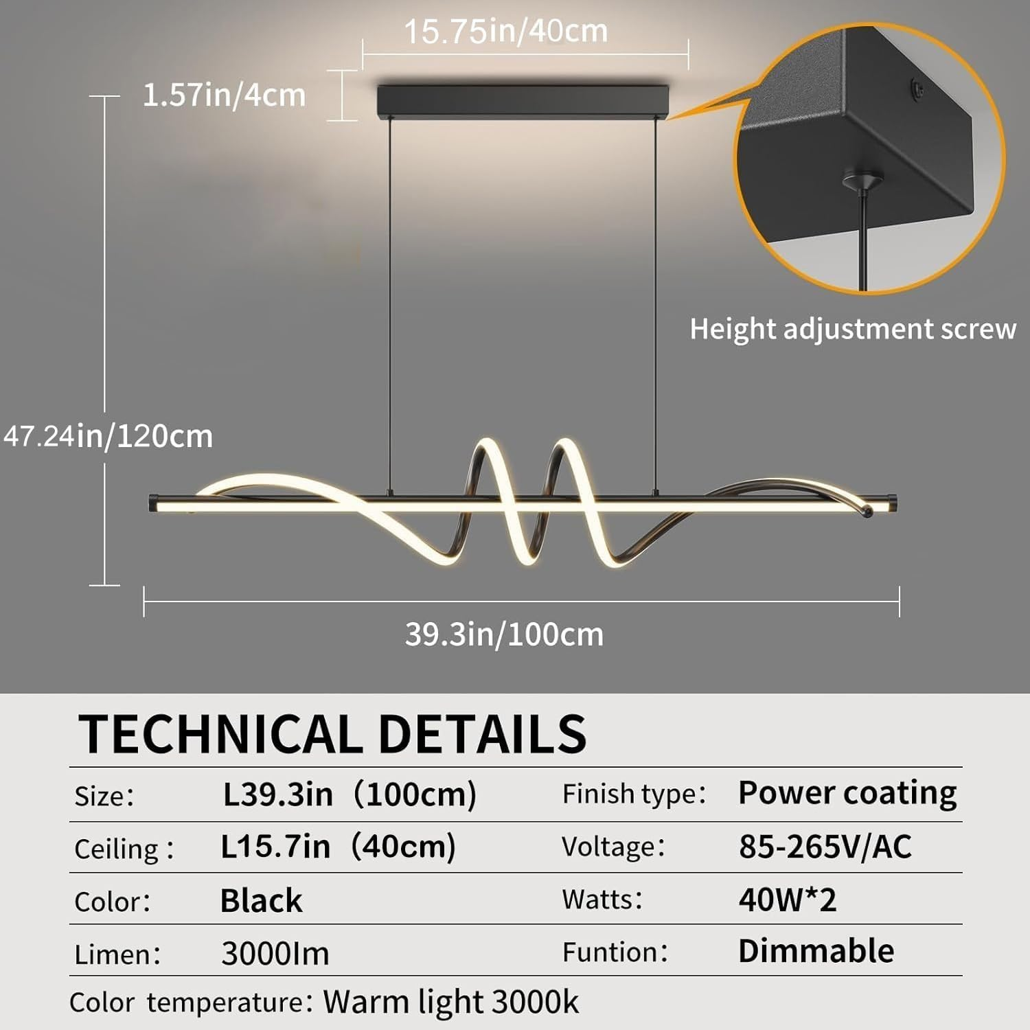 Modern Dimmable Chandelier, Led Pendant Light, Aluminum Linear Light Fixture for Kitchen Island Dining Room over Table (Black)