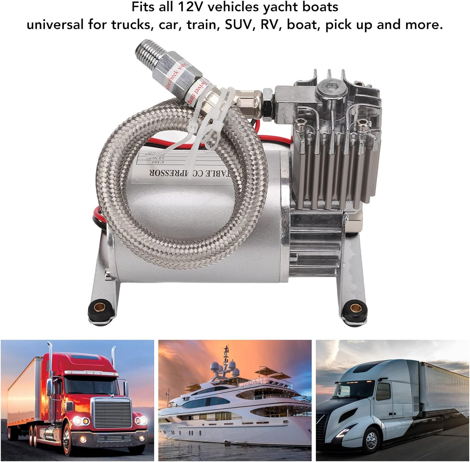 High Strength Air Compressor 20A 150 PSI Metal Universal for 12V Vehicles, Yacht Boats,Modification O and Video in Car image number 1