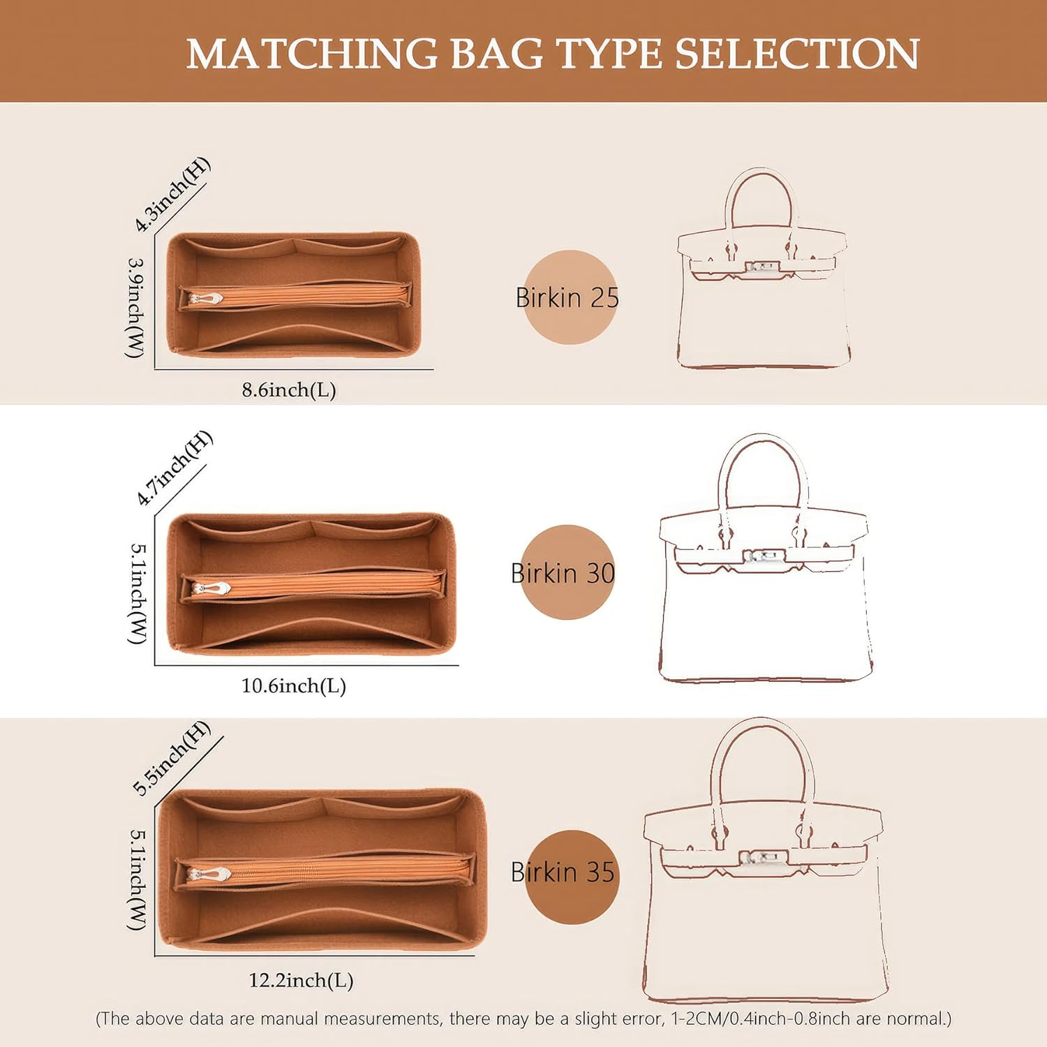 KOPPAL Purse Organizer Insert for Handbags, Felt Bag Organizer with Zipper, Large Capacity,Women, Handbags Shaper for Birkin(35,Orange) image number 5