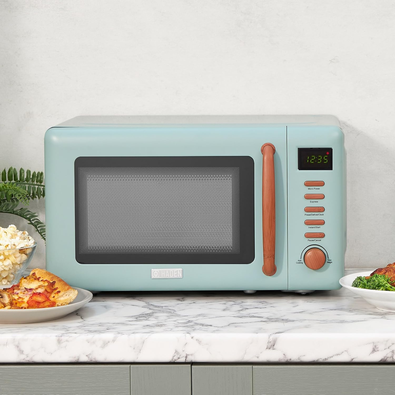 Haden Dorchester Green Microwave Oven - 20L 800W Microwave, Digital Controls, 5 Power Levels - Ideal Countertop Microwave with Wood Effect Finish, Small Kitchen Space image number 1