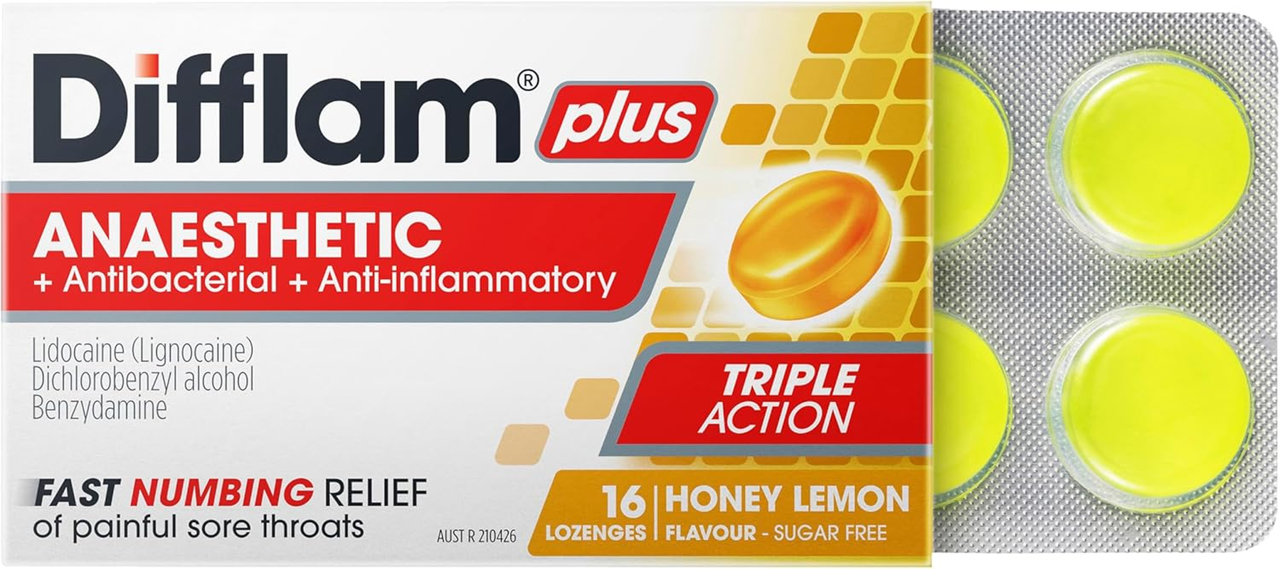 Difflam plus Anaesthetic Sore Throat Lozenges, Honey and Lemon, 16 Count