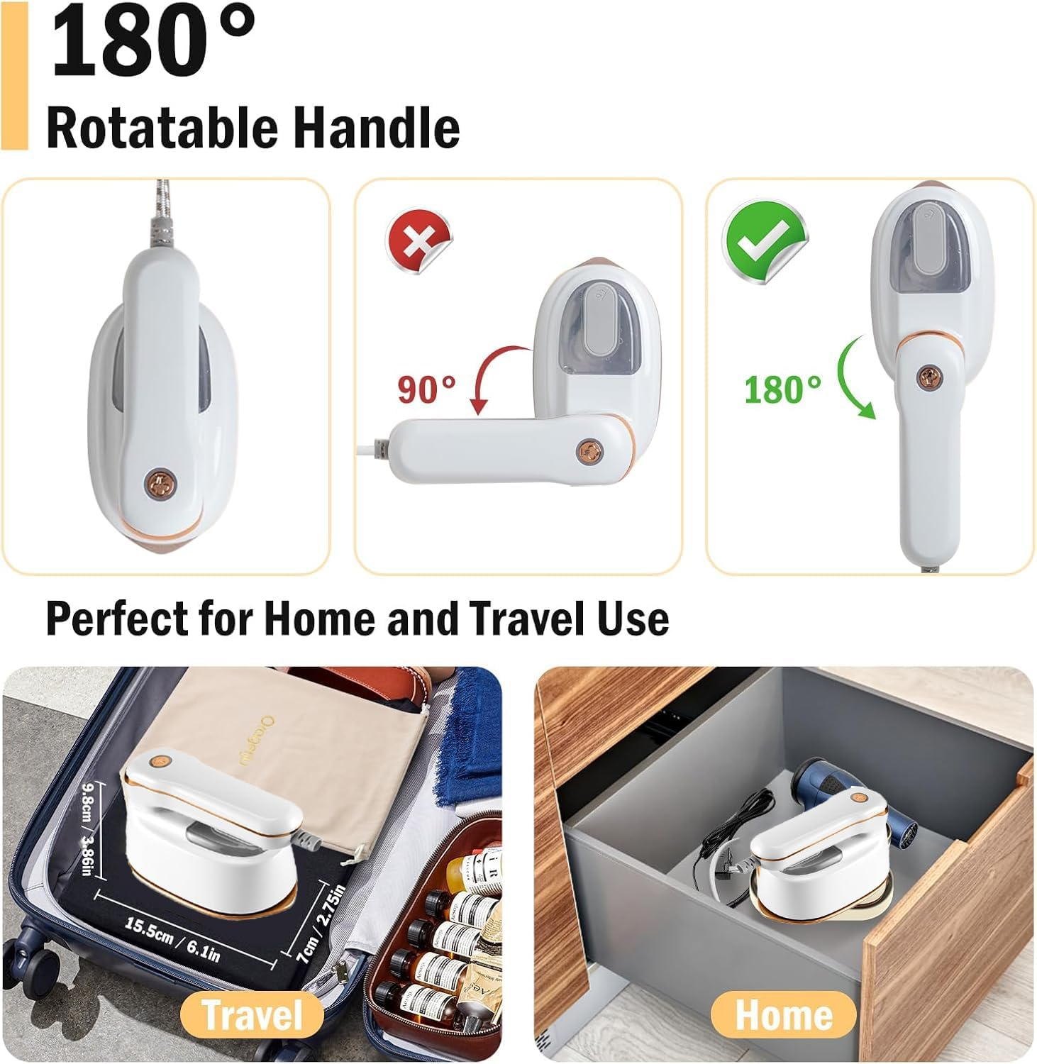 1100W 2-In-1 Travel Steamer & Iron | 3 Steam Modes for Fast Wrinkle Removal, 180&deg; Foldable Handle | Compact Portable Clothes Steamer for Home & Suitcases | Gift-Ready Appliance with Storage Pouch image number 3