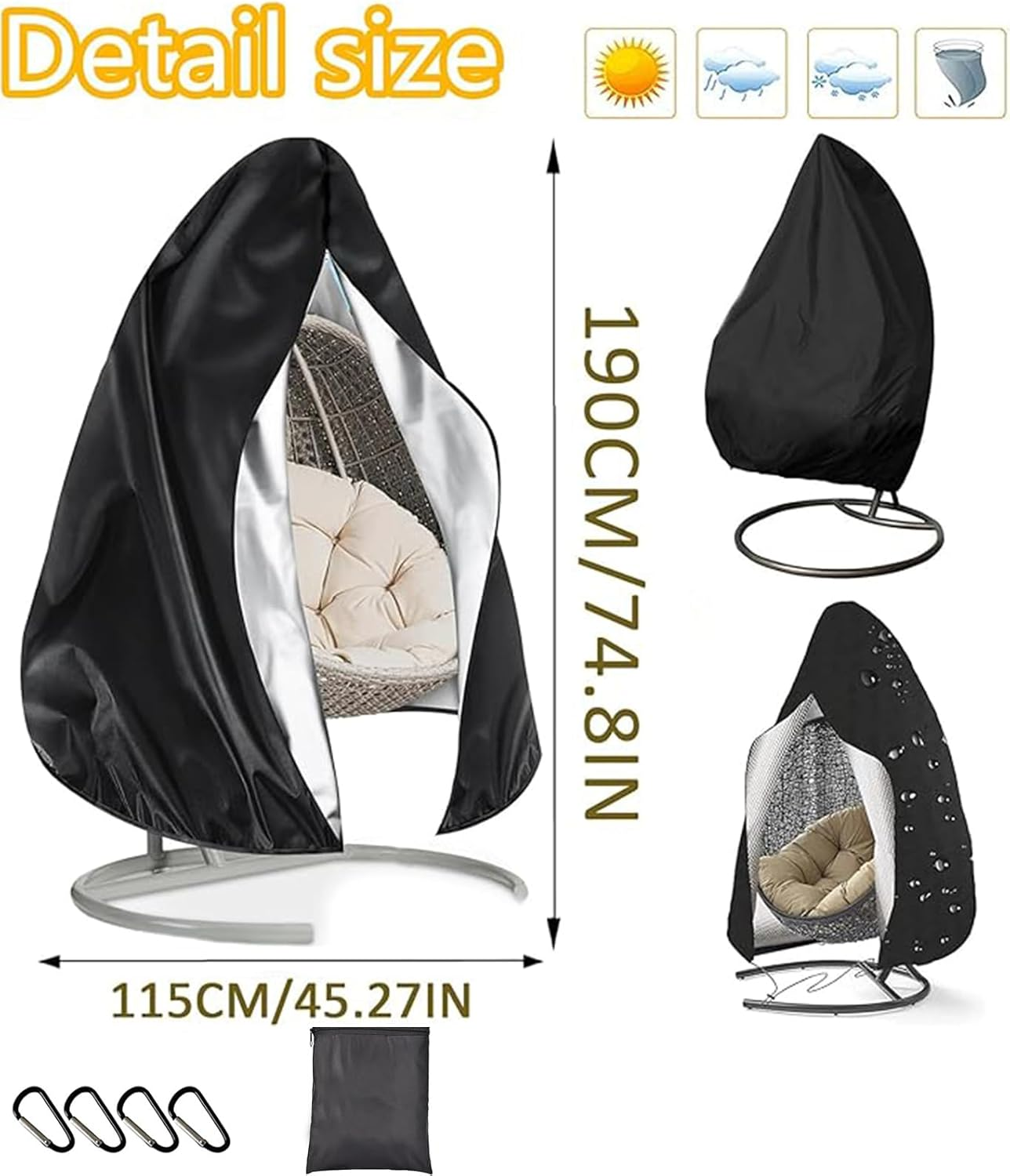 "Patio Swing Chair Cover, Waterproof Egg Chair Covers for Outdoor Furniture, Windproof Swing Egg - Shaped Furniture Covers with Zipper & Drawstring for Open - Air Spaces " image number 2