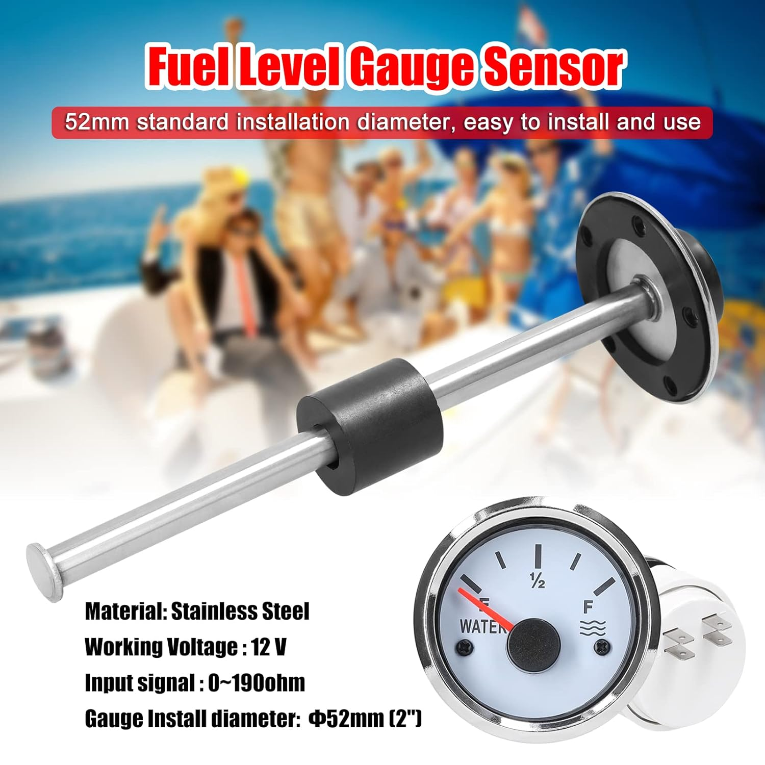 Tignapoo 52Mm Fuel Level Gauge 215Mm Stainless Steel Fuel Level Sensor Water Level Gauge Meter 0-190Ohm with Backlight for Car Truck Marine Boat 12 V image number 2