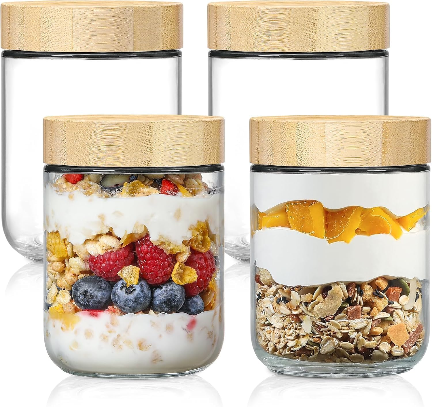 4-Pack Glass Jars with Airtight Lids, Anfower Overnight Oats Containers with Bamboo Lids, Wide Mouth Mason Salad Jars, Glass Food Storage Containers for Snacks Yogurt Spice Sugar (480Ml) image number 5