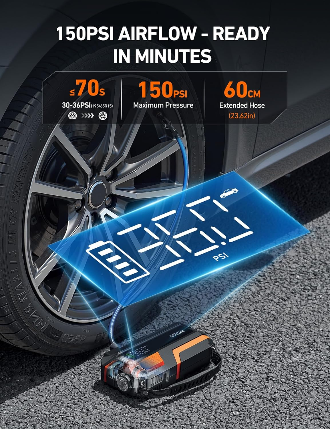 Astroai 6000A and 150PSI Car Battery Booster Jump Starter Tyre Inflator, Jump Starter Power Pack with Air Compressor, for 12V Vehicles (10L Petrol/8L Diesel), Intuitive LED Screen, Full Accessory Kit image number 6