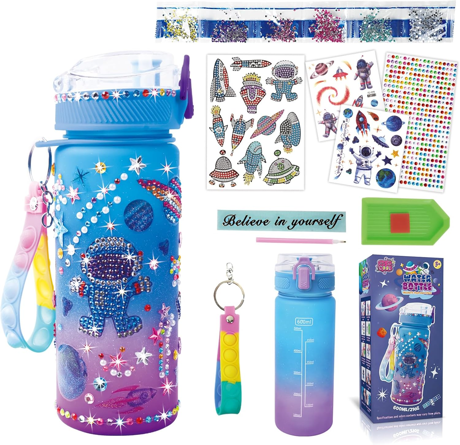 Decorate Your Own Water Bottle Kits for Boys Girls - Gem Diamond Painting Arts and Crafts Toys Gifts for 4-12 Year Old Boys Girls Kids Birthday (Colored Astronauts) image number 1