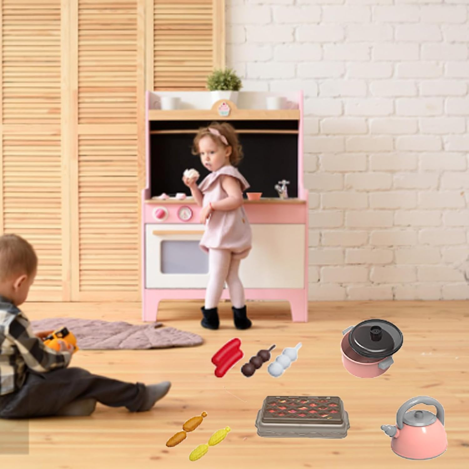 61 Piece Mini Play Kitchen Accessories for Kids, Pretend Cooking Playset with Pots, Pans, Utensils, Cutting Fun Fruits & Veggies, Learning Gift for Toddlers, Girls & Boys (Green) - Green image number 4