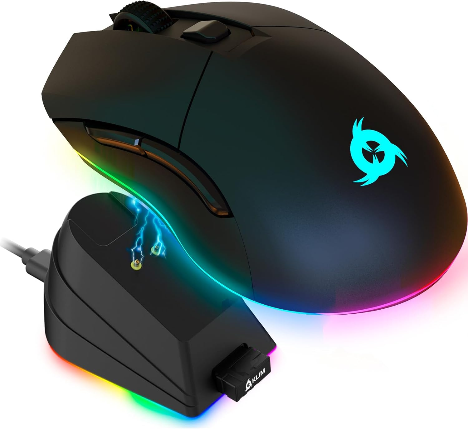 KLIM Blaze Pro Rechargeable Wireless Gaming Mouse with Charging Dock RGB - New Version - High-Precision Sensor and Long-Lasting Battery - up to 6000 DPI - Great PC Gaming Mouse Wireless
