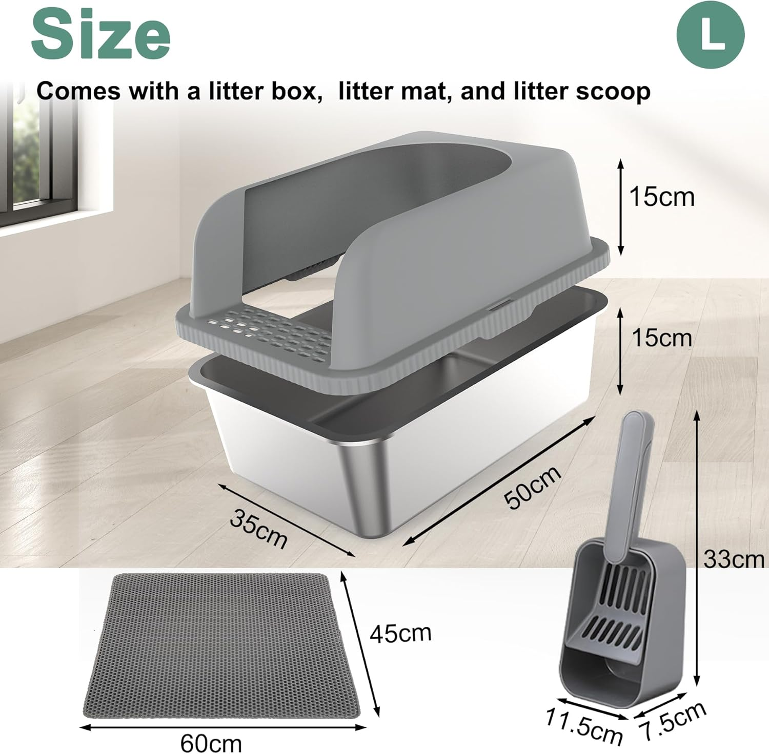 Fafargeen Stainless Steel Litter Box with Lid, Metal Litter Box High Sided anti Leakage, Kitty Box Rust Free Non Sticky, Dark Grey Steel Odor Control L image number 4