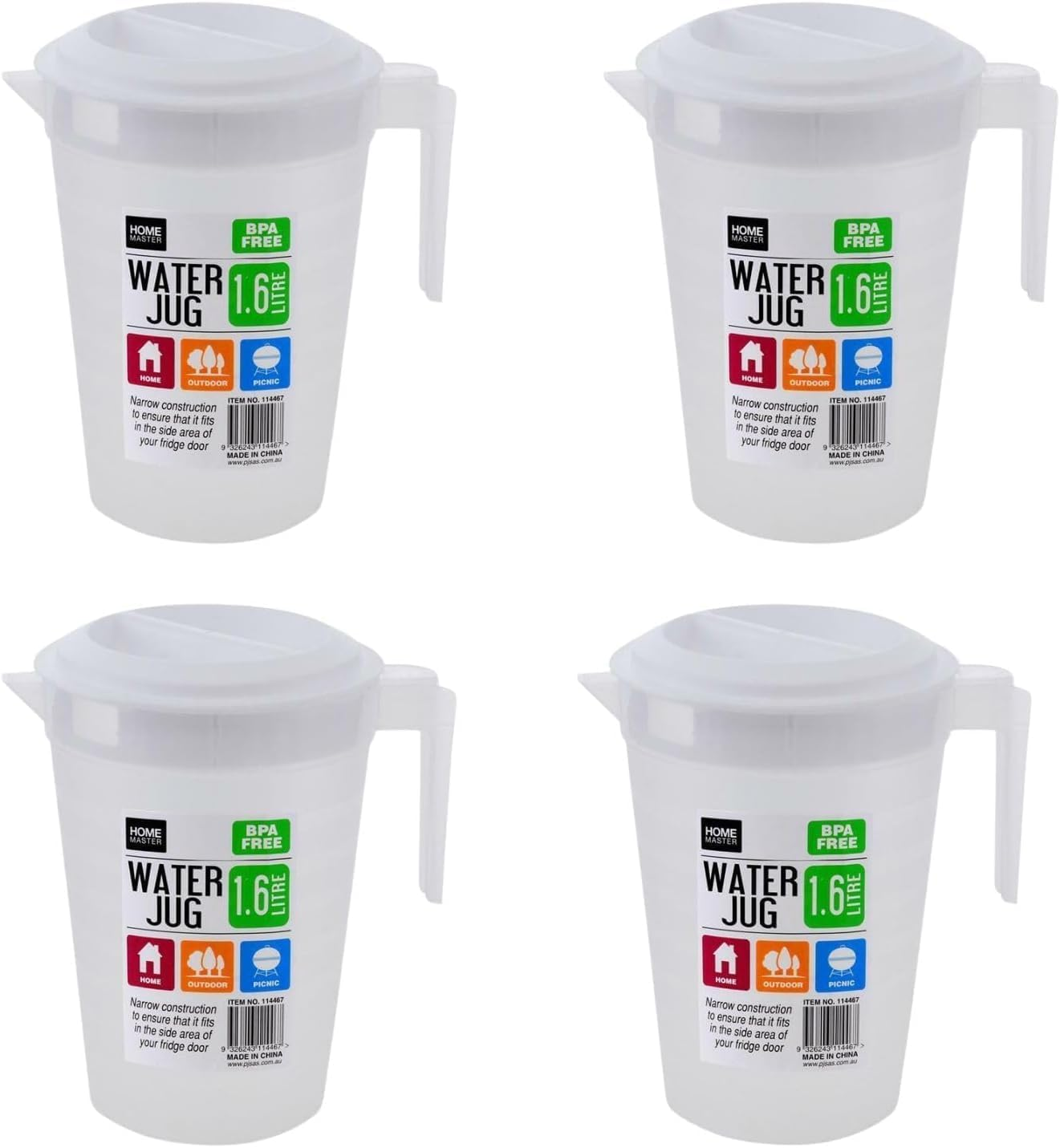 LEDON 4 Pack 1.6L Water Jug, Large Plastic Water Jug Cold Drink Pitcher with Lid, Easy to Wash, BPA Free