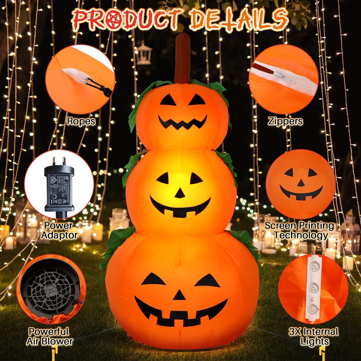 AUTOWT 4.6FT 1.4M Halloween Inflatable Pumpkins, Inflatables Decorations with Build-In Leds, Blow up Pumpkins Yard Decoration for Lawn Yard Home Halloween Party Indoors Outdoors image number 6