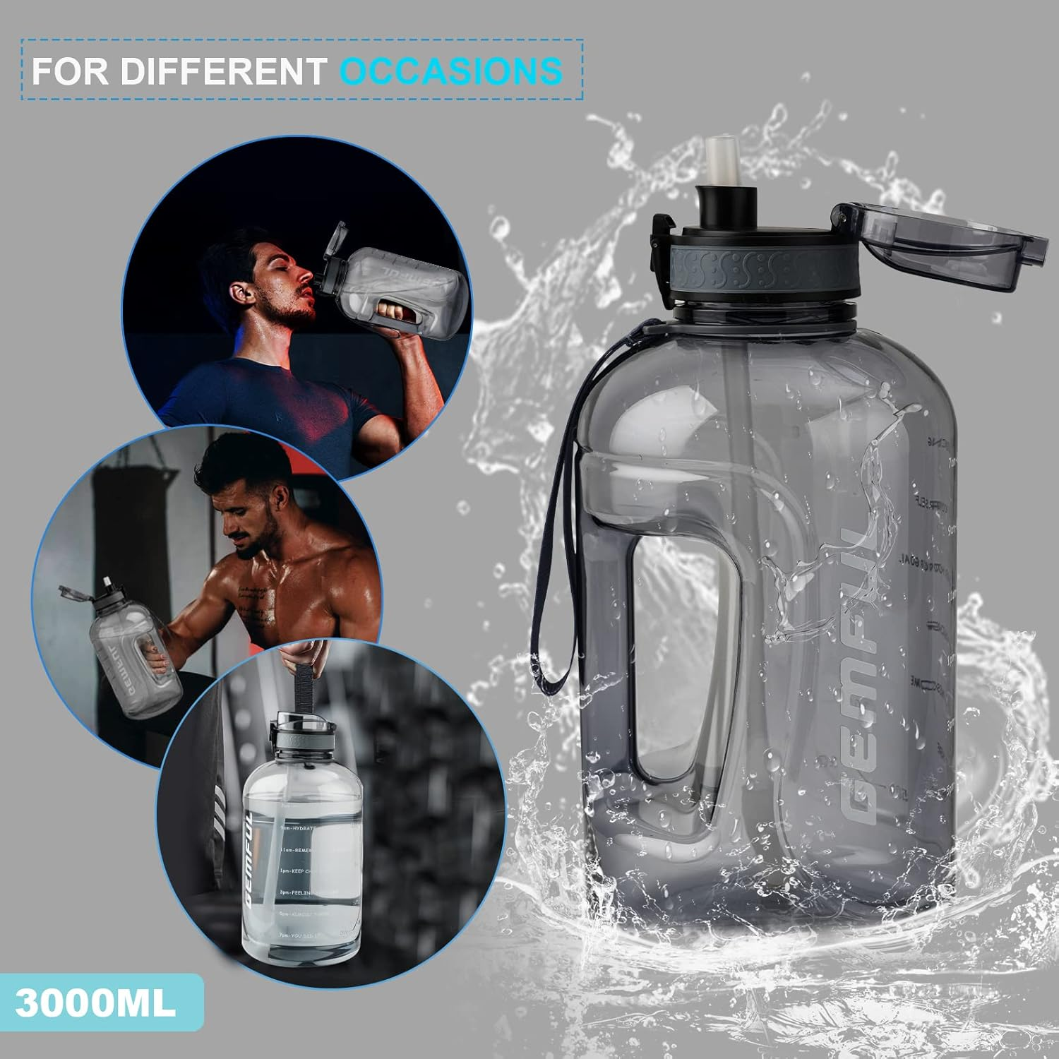 GEMFUL 3 Liter Water Bottles with Handle Motivational BPA Free Big Drinks Bottle for Fitness Sports - Gray image number 6