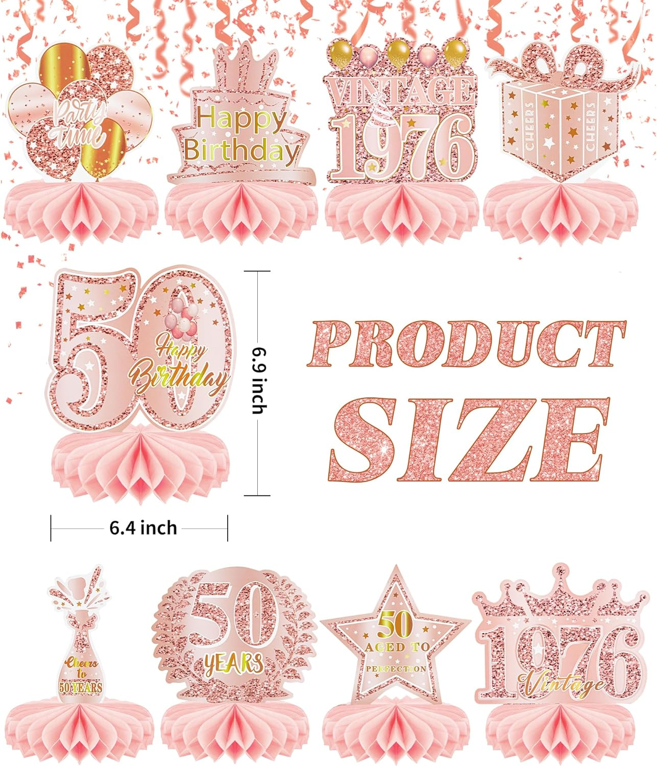 9 Pcs 50Th Birthday Decoration for Women Happy 50Th Birthday Table Honeycomb Decorations Rose Gold Pink Centerpieces Tables Toppers 1975 Decor Cheers to 50 Years Old Birthday Party Favors - 40Th-New image number 6
